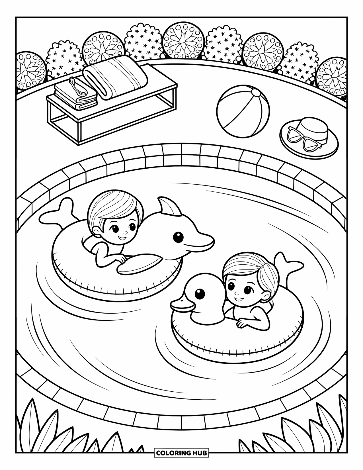 Summer Vacation Coloring Page for Adults: Children relax on inflatable animals surrounded by plants and sunlight