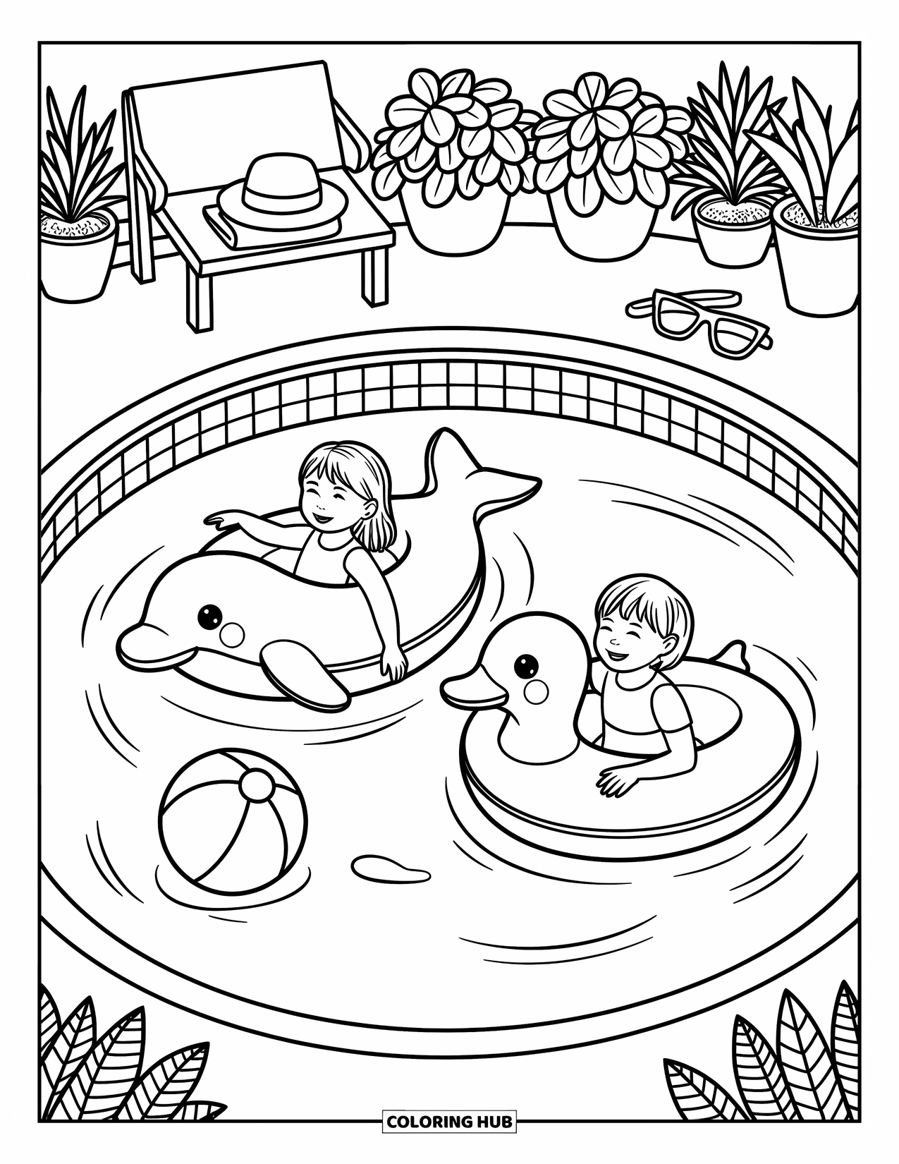 Summer Vacation Coloring Page for Adults: Two kids float on dolphin and duck tubes in a sunny backyard pool