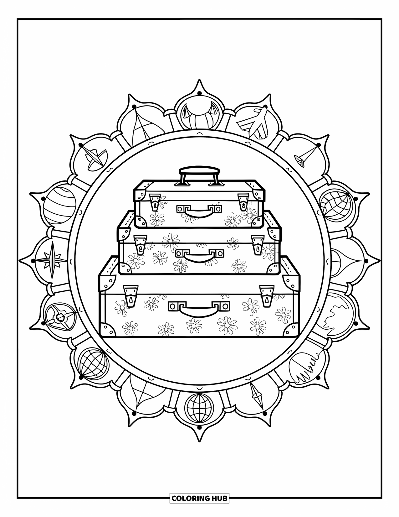 Summer Vacation Coloring Page for Adults: Vintage suitcases with floral details rest inside a mandala frame