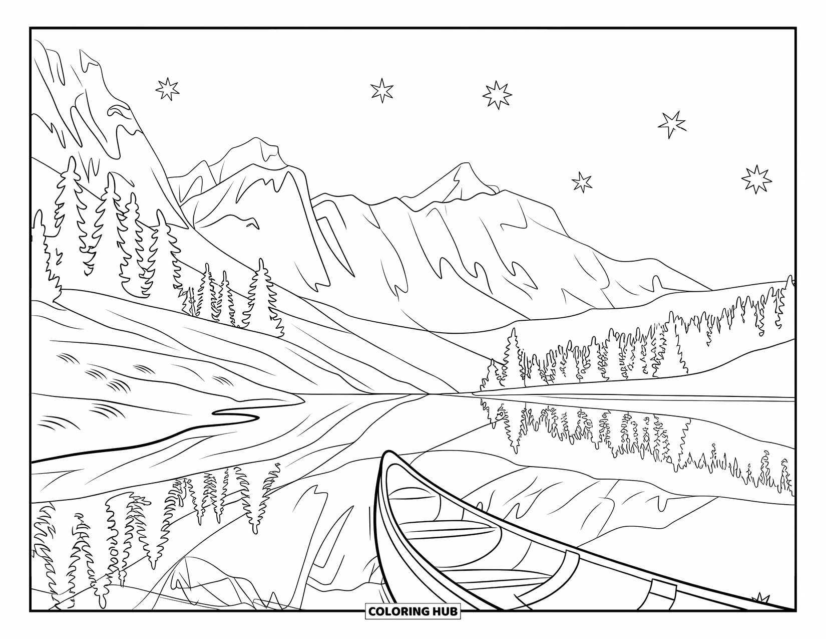 Summer Vacation Coloring Page for Kids: A calm mountain lake with a canoe and starlit reflections