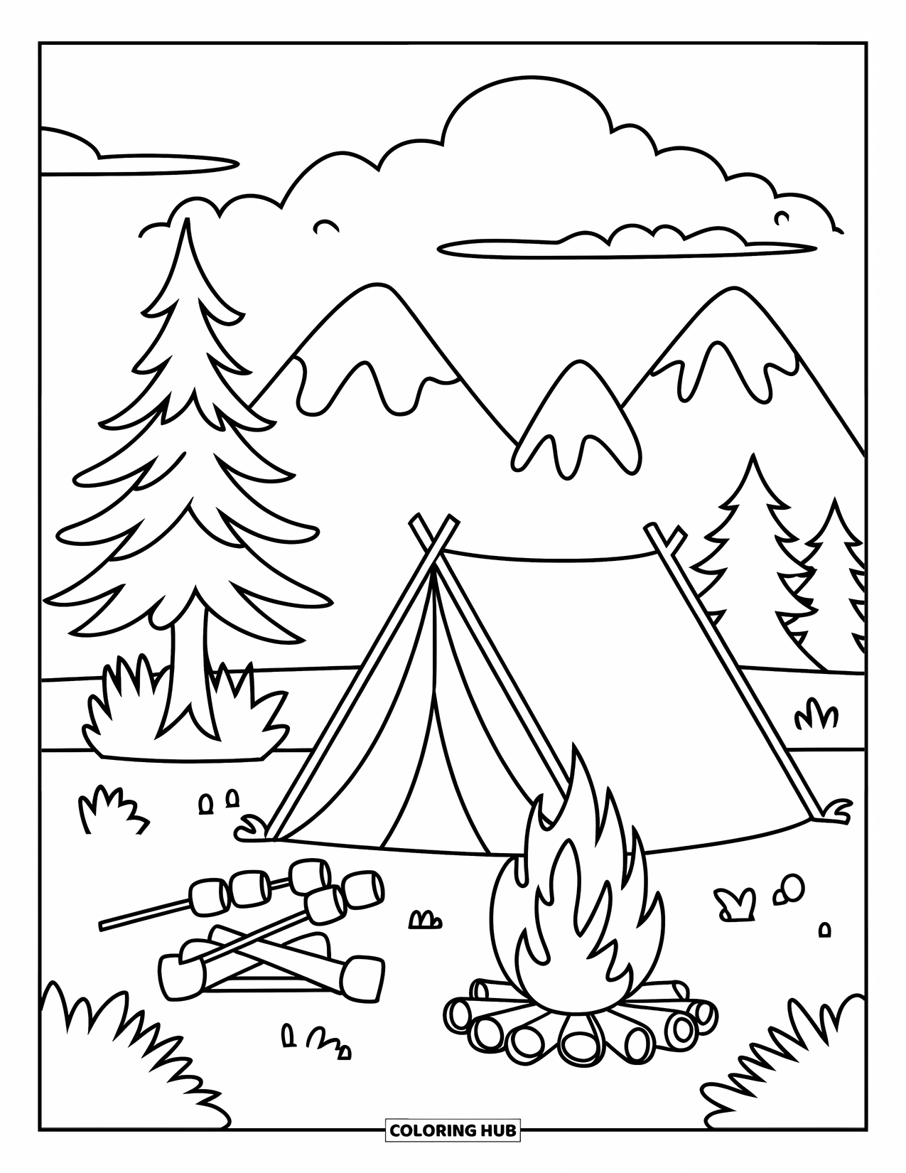 Summer Vacation Coloring Page for Kids: A camping tent beside a pine tree and glowing campfire