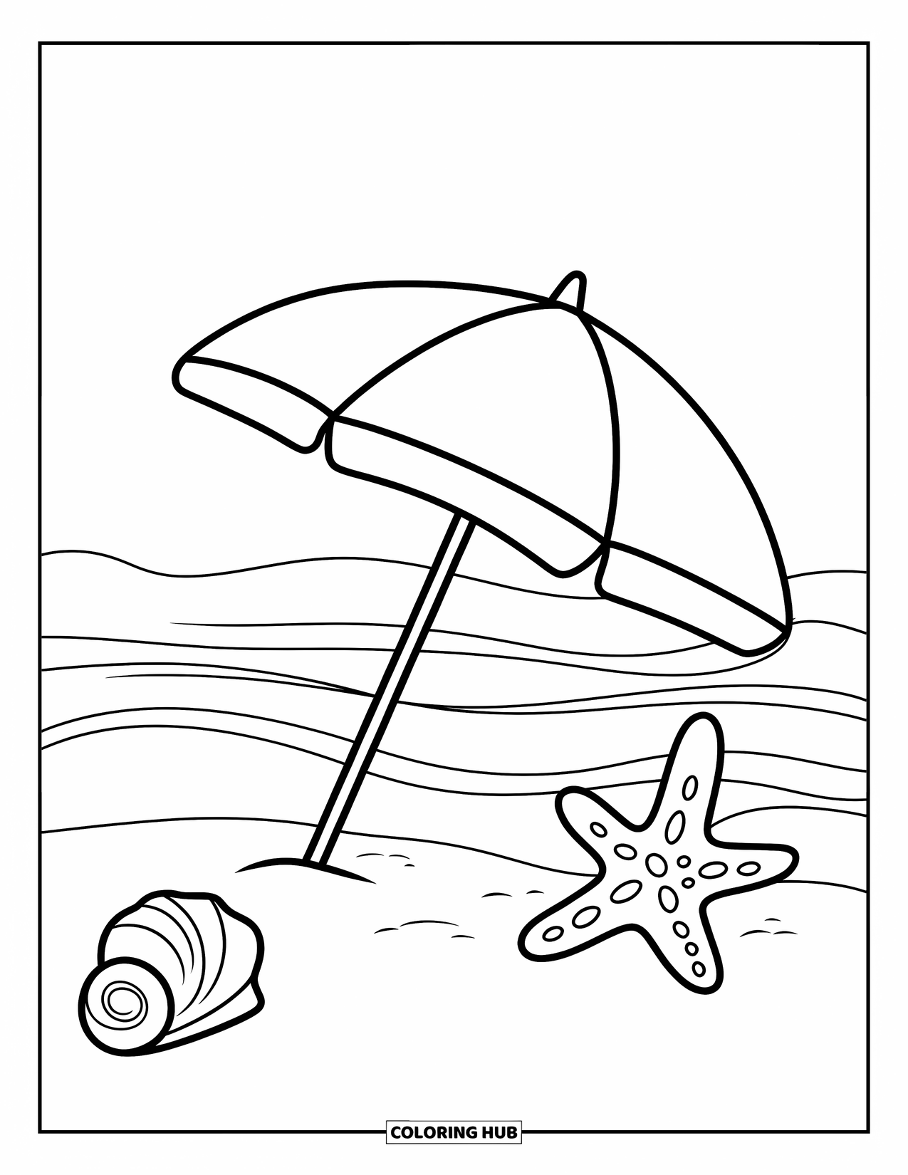 Summer Vacation Coloring Page for Kids: A cheerful seaside umbrella scene under a clear blue sky