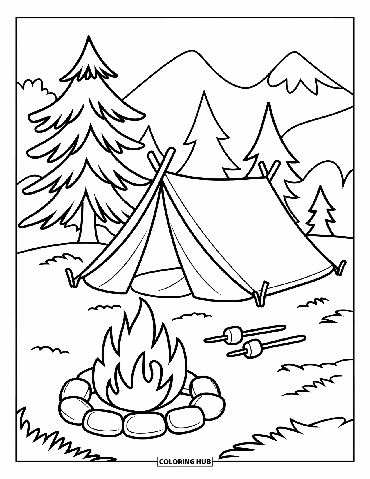 Summer Vacation Coloring Page for Kids: A cheerful tent scene with a fire and pine trees nearby
