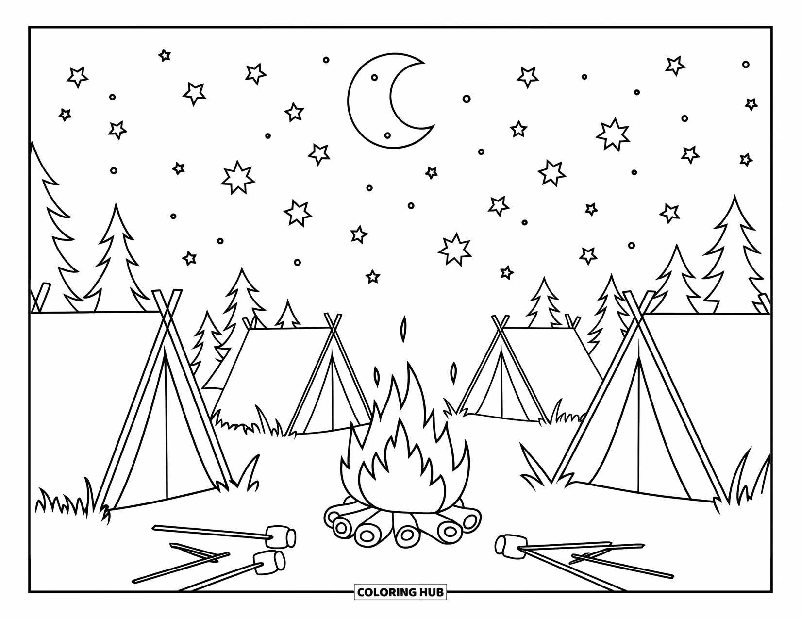 Summer Vacation Coloring Page for Kids: A cozy campsite with a campfire under a bright starry sky