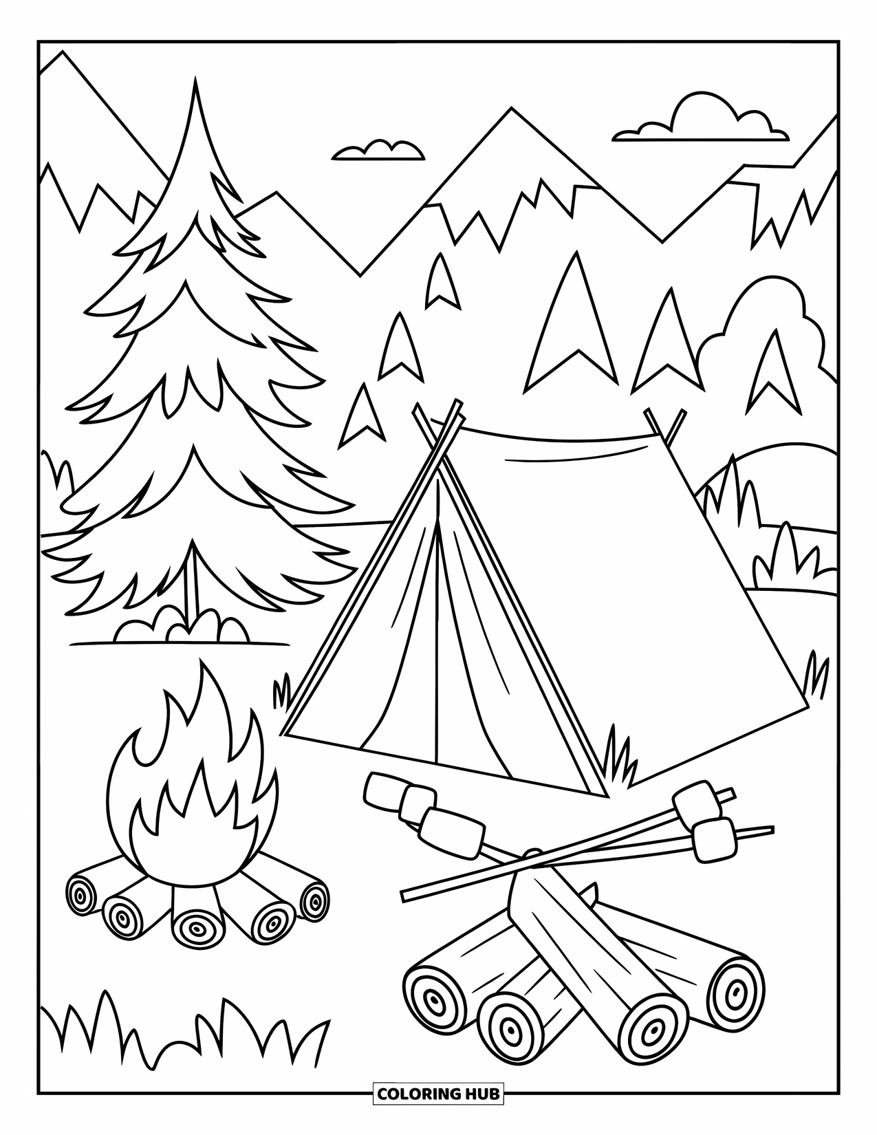 Summer Vacation Coloring Page for Kids: A cozy campsite with tents, a fire, and marshmallows toasting