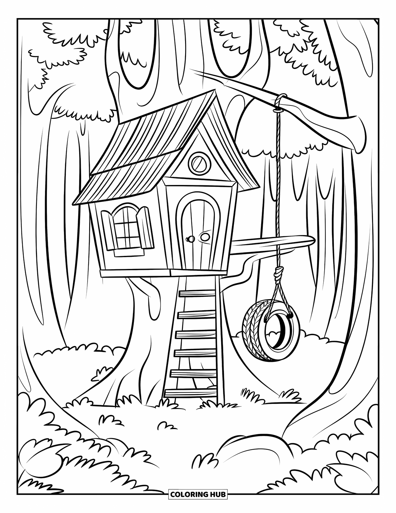 Summer Vacation Coloring Page for Kids: A forest treehouse with a tire swing and a wooden ladder