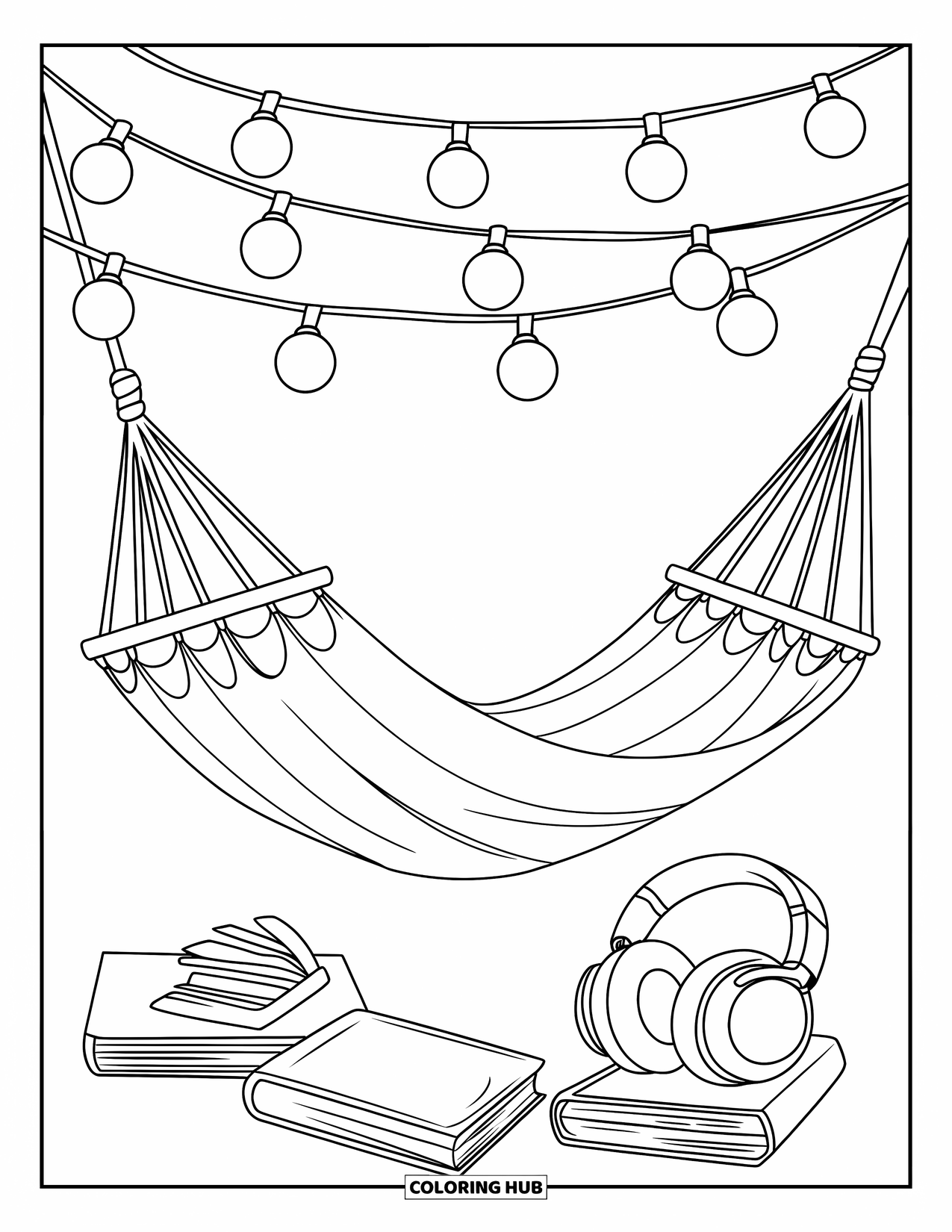 Summer Vacation Coloring Page for Kids: A hammock under string lights surrounded by books and trees