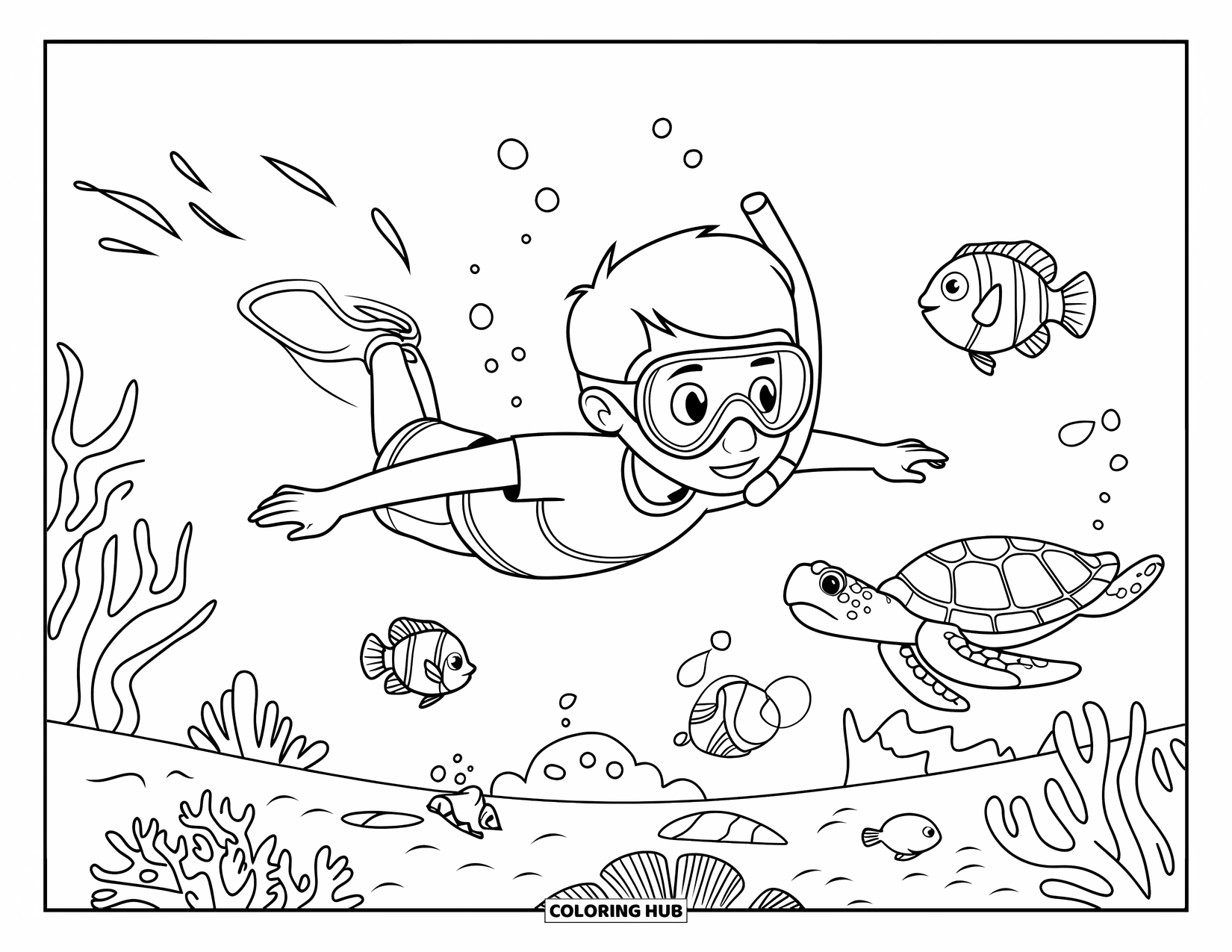 Summer Vacation Coloring Page for Kids: A happy diver glides among fish, coral, and sea turtles