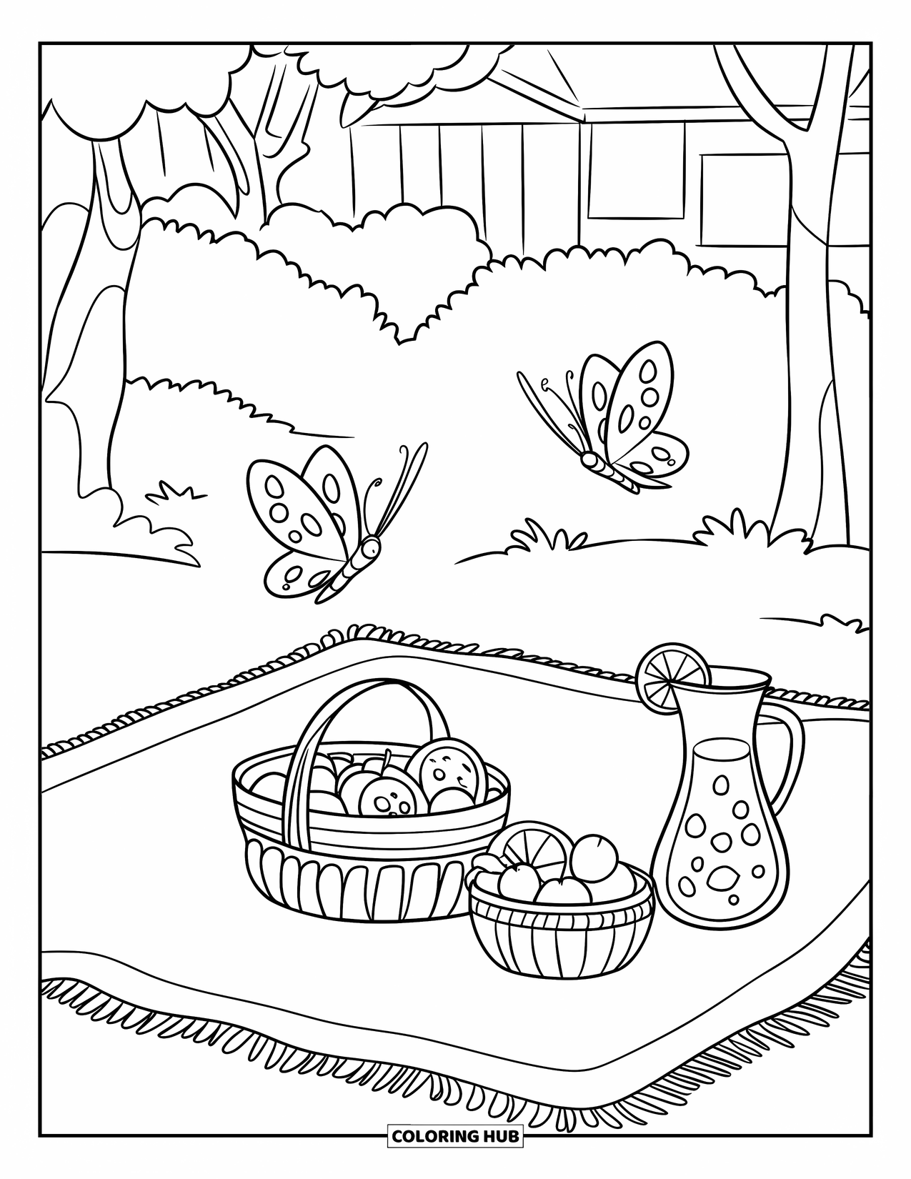 Summer Vacation Coloring Page for Kids: A picnic under trees with a basket, drinks, and butterflies