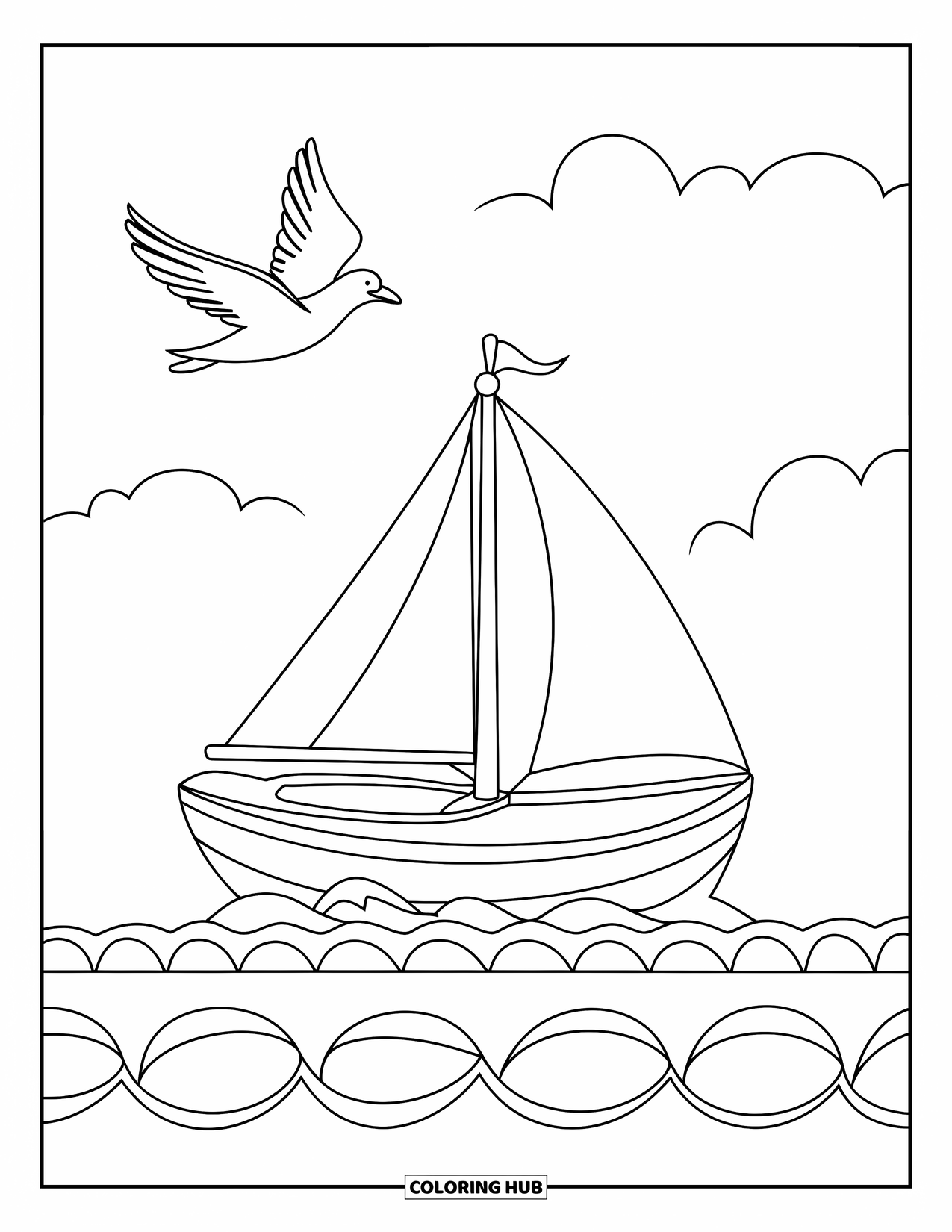 Summer Vacation Coloring Page for Kids: A sailboat glides over calm waves under a sunny sky
