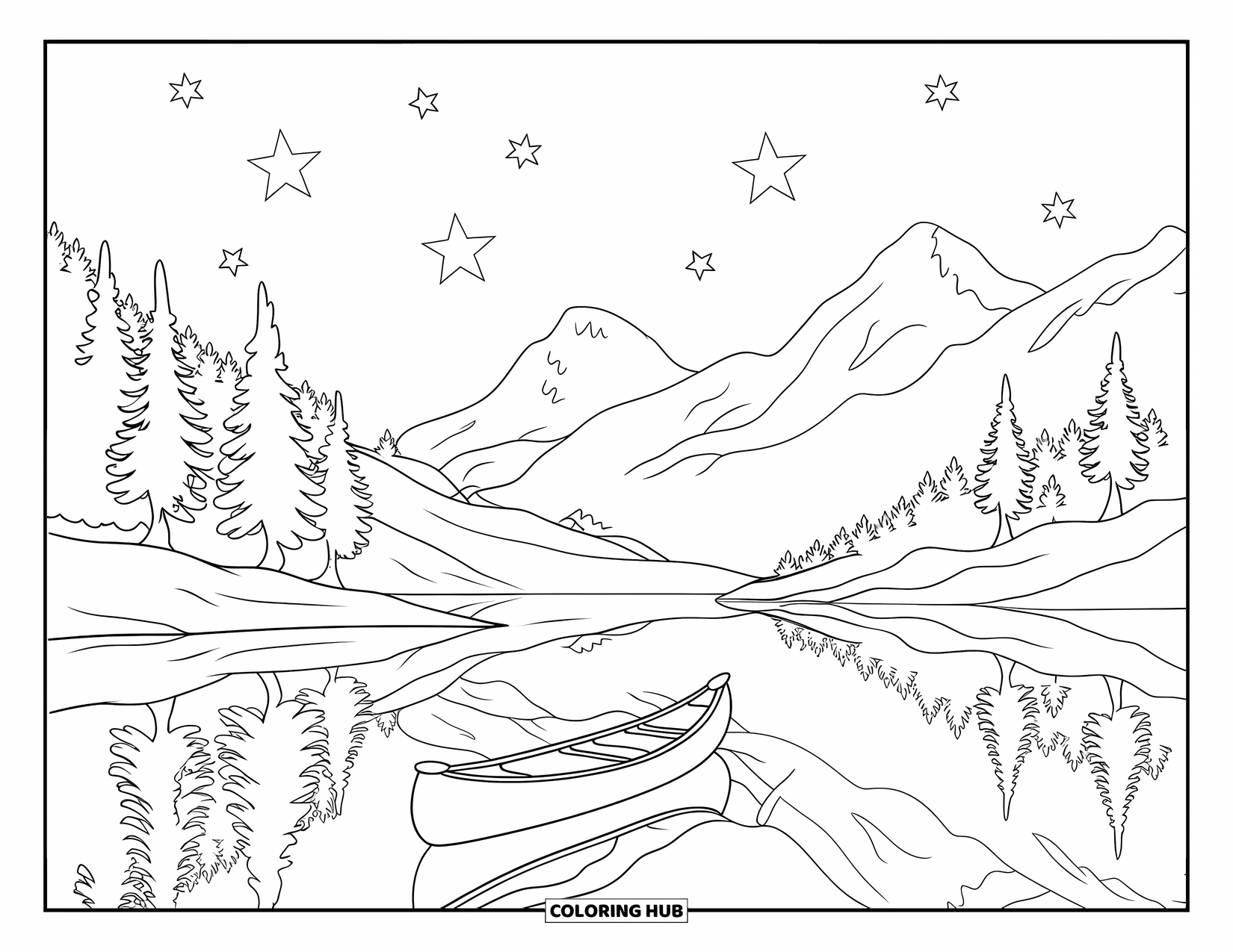 Summer Vacation Coloring Page for Kids: A serene lake with trees, stars, and mountains mirrored in the water