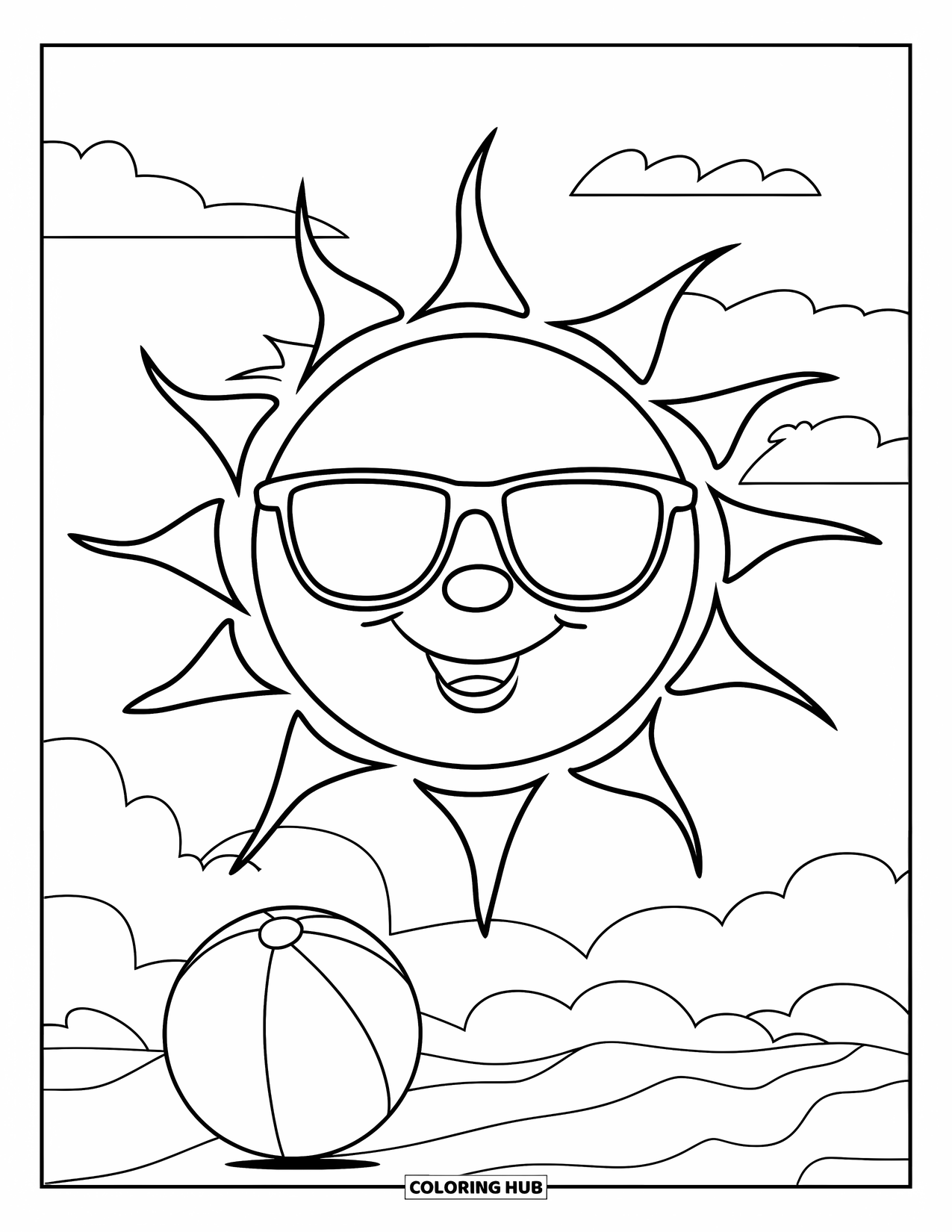 Summer Vacation Coloring Page for Kids: A smiling sun in sunglasses floats above clouds and a beach ball