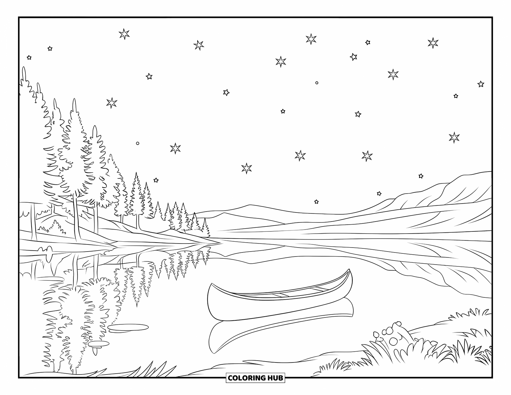 Summer Vacation Coloring Page for Kids: A starry lake scene with a canoe and mountains in the distance