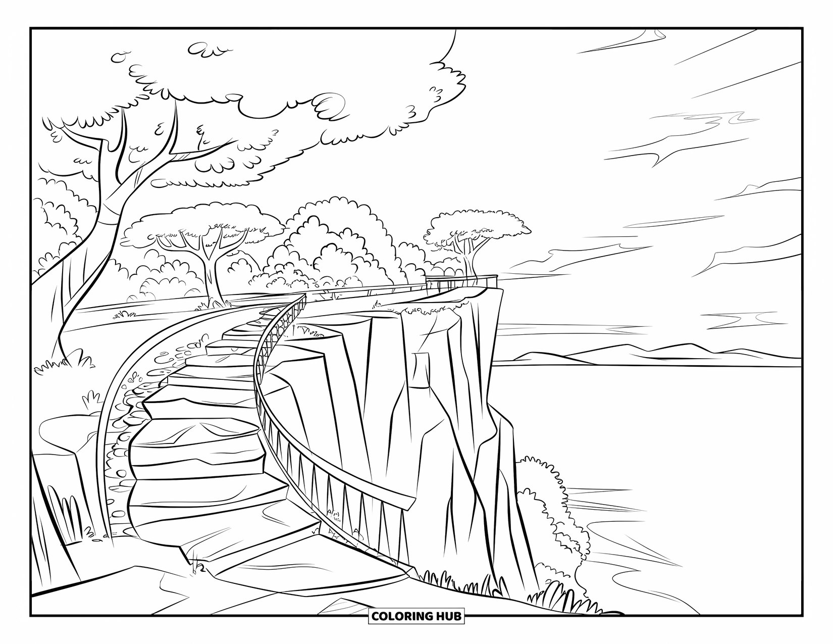 Summer Vacation Coloring Page for Kids: A stone path up a cliffside leading to a calm lookout point
