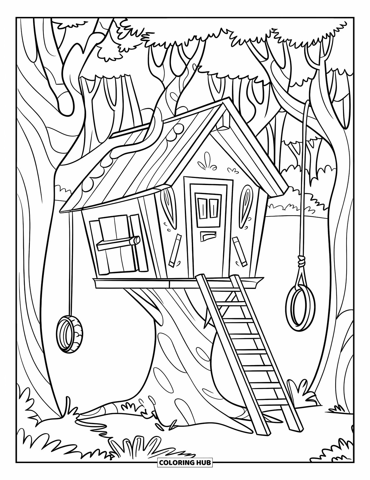 Summer Vacation Coloring Page for Kids: A summer treehouse shaded by leaves and a hanging swing