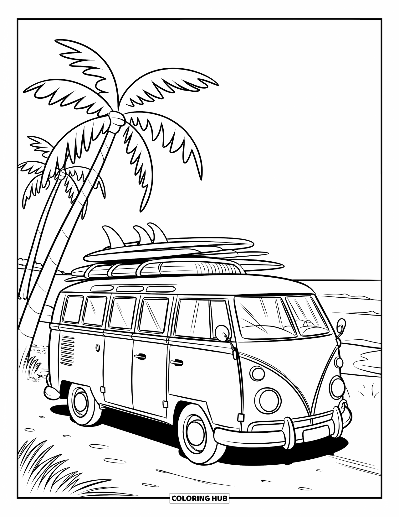 Summer Vacation Coloring Page for Kids: A surf van by palm trees near calm, blue beach waves