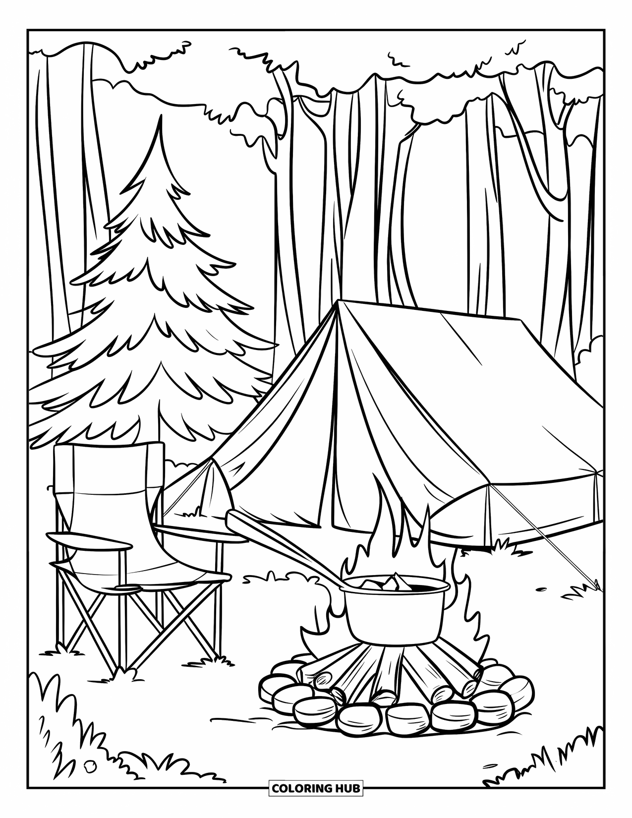 Summer Vacation Coloring Page for Kids: A tent and campfire surrounded by mountains and tall trees