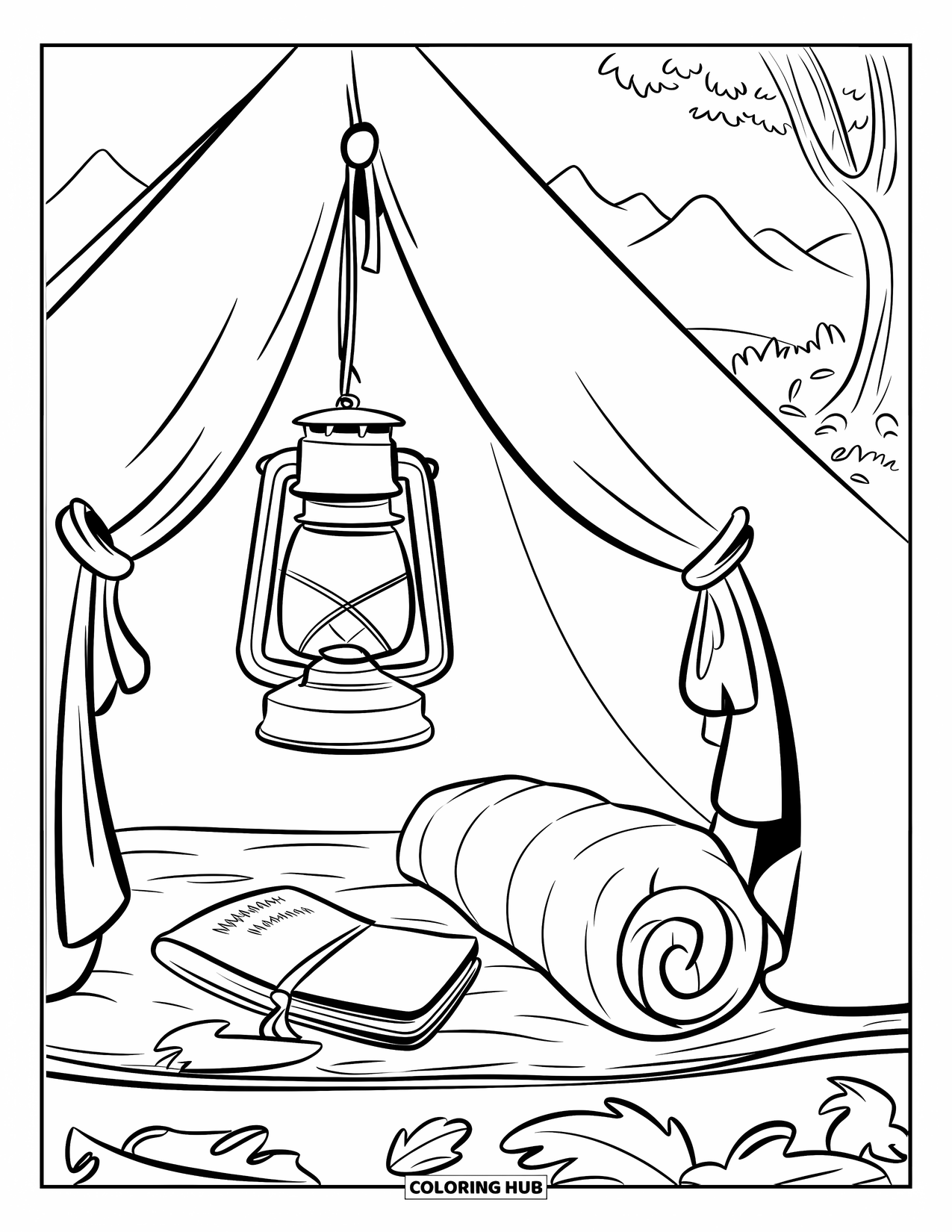 Summer Vacation Coloring Page for Kids: A tidy tent scene with camping tools surrounded by trees and hills
