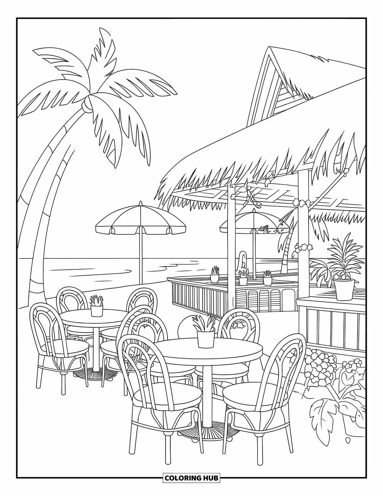 Summer Vacation Coloring Page for Kids: A tropical beach café with tables, plants, and a thatched roof