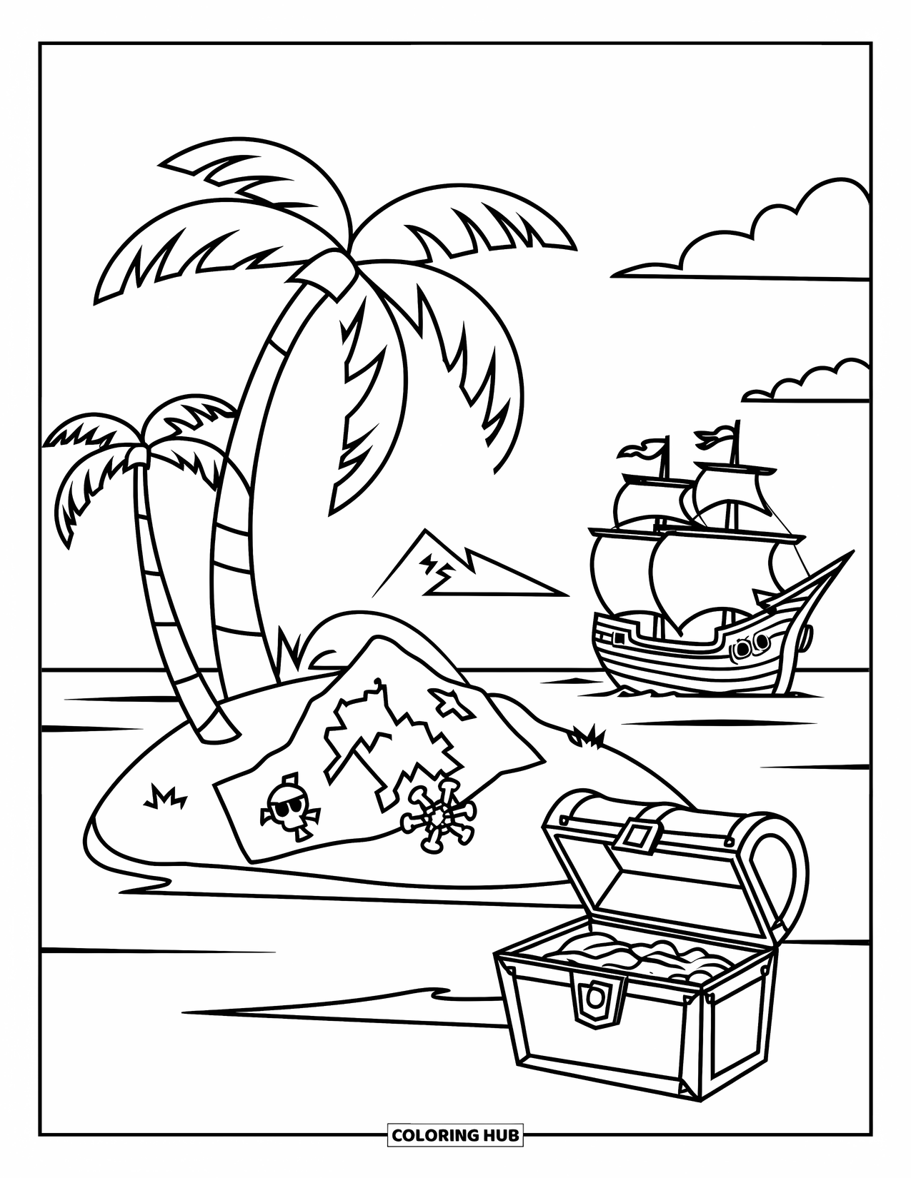 Summer Vacation Coloring Page for Kids: A tropical island with a treasure chest, map, and palm trees