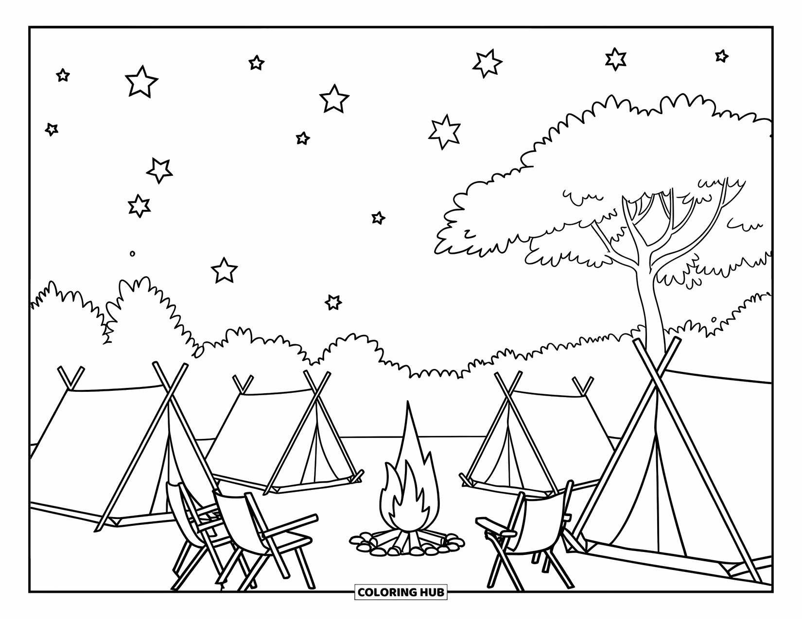 Summer Vacation Coloring Page for Kids: A warm fire glows by tents under a peaceful night sky