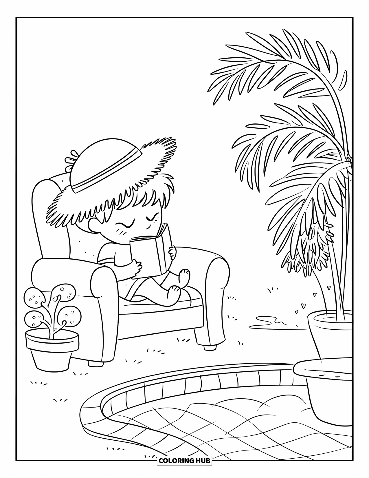 Swimming Pool Coloring Page for Adults: A boy relaxing on a recliner by the pool, reading peacefully