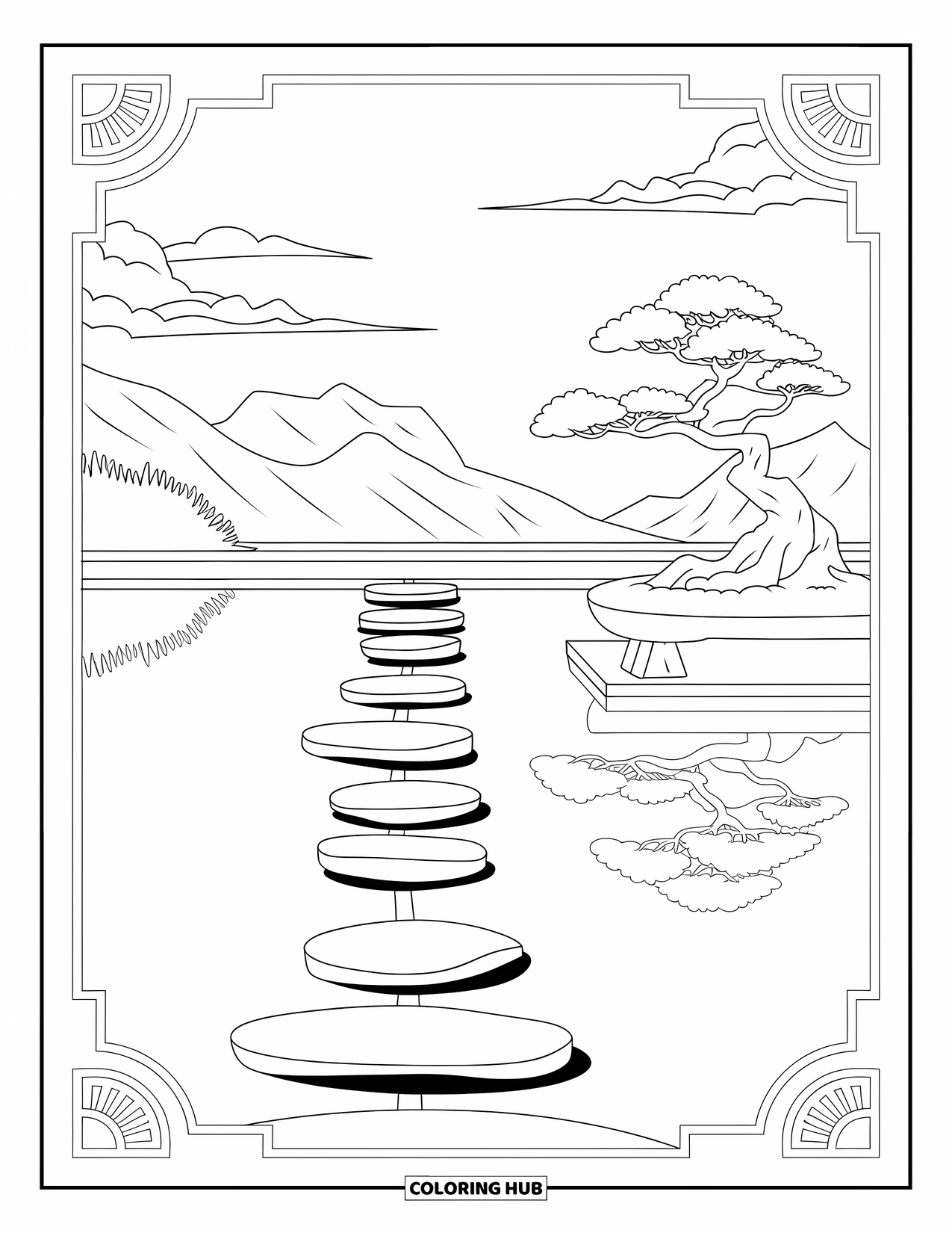 Swimming Pool Coloring Page for Adults: A calm zen pool with stepping stones and a bonsai tree