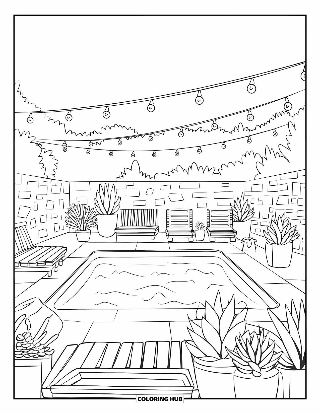 Swimming Pool Coloring Page for Adults: A cozy backyard pool with string lights and rustic furniture