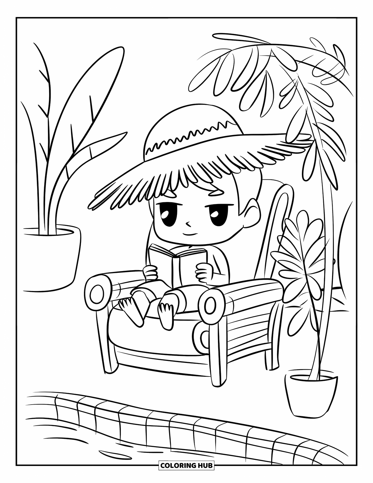 Swimming Pool Coloring Page for Adults: A cozy scene of a boy lounging on a chair with a book
