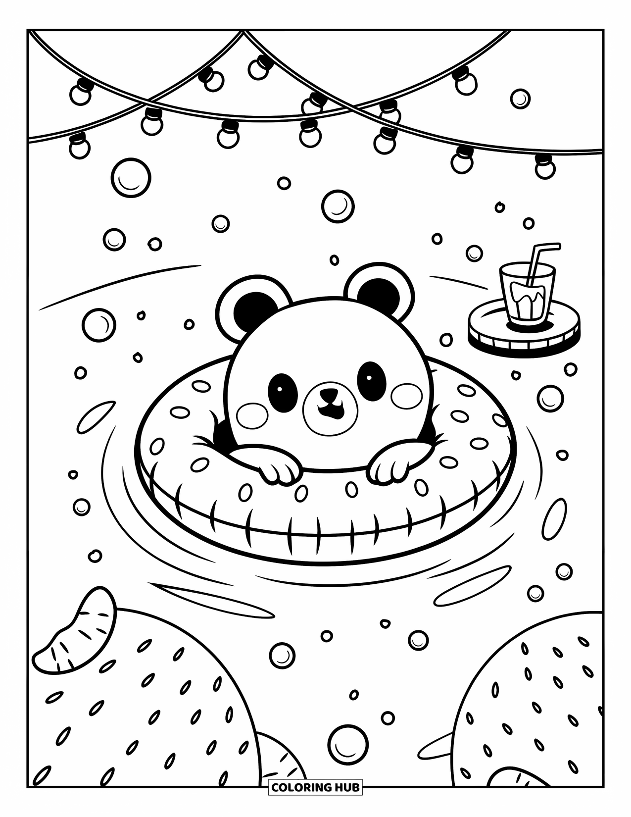 Swimming Pool Coloring Page for Adults: A cute bear floating on a fruit float under twinkling lights