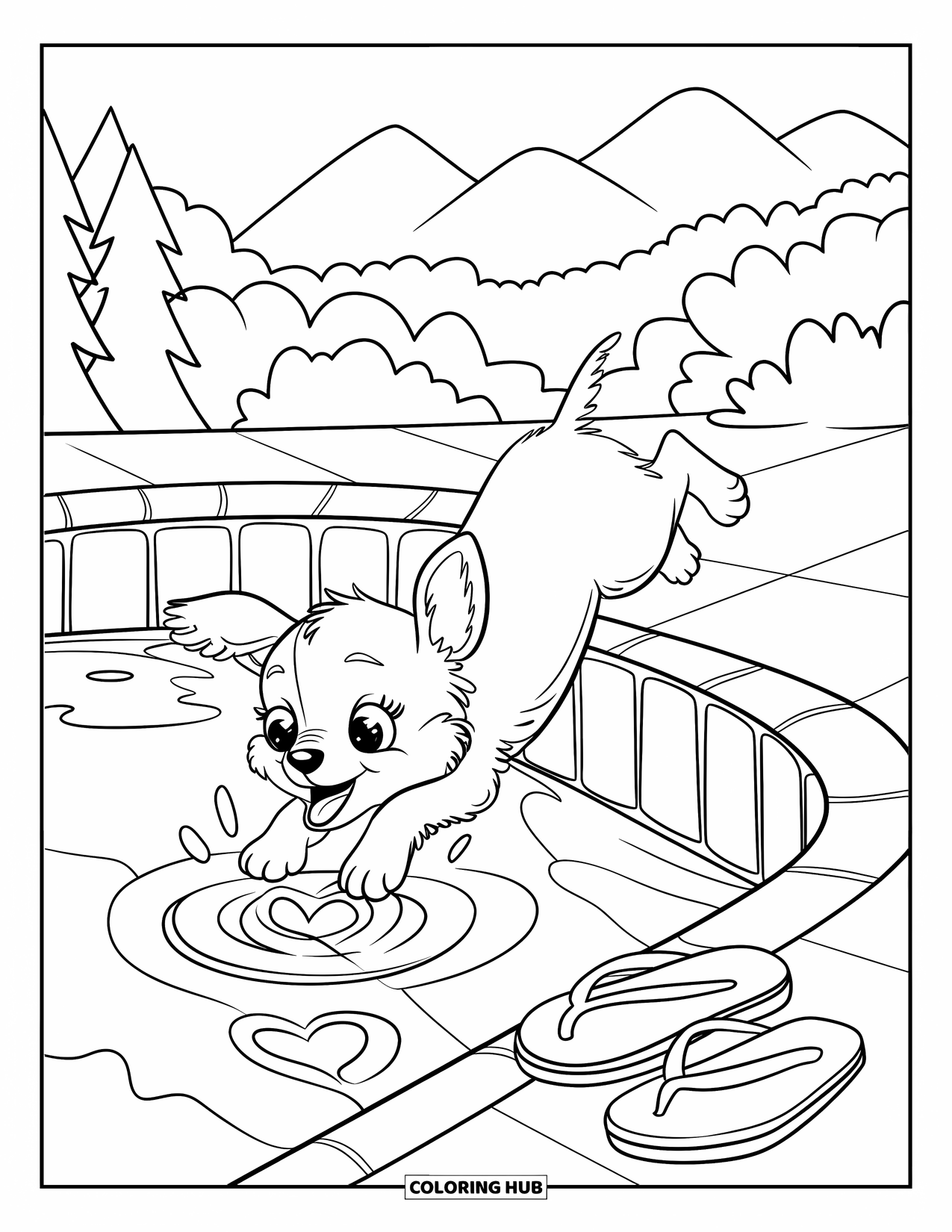 Swimming Pool Coloring Page for Adults: A cute puppy jumping into the pool with heart ripples below