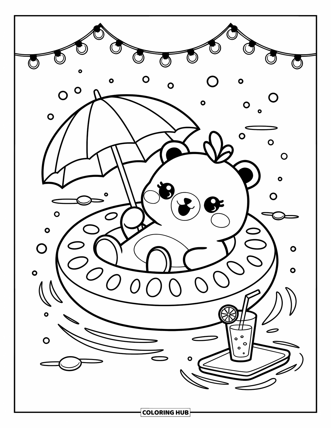 Swimming Pool Coloring Page for Adults: A happy bear floating with an umbrella under cozy summer lights