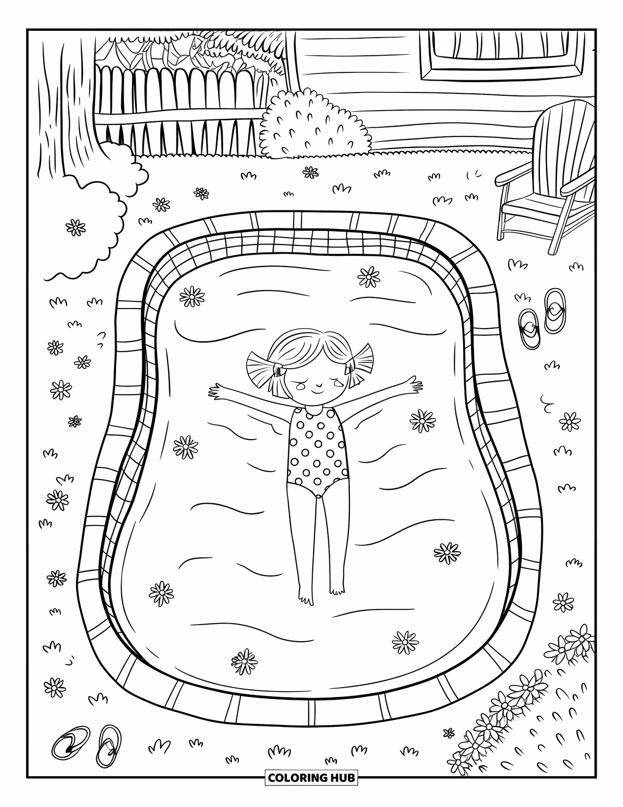Swimming Pool Coloring Page for Adults: A happy girl floating in the pool surrounded by flowers