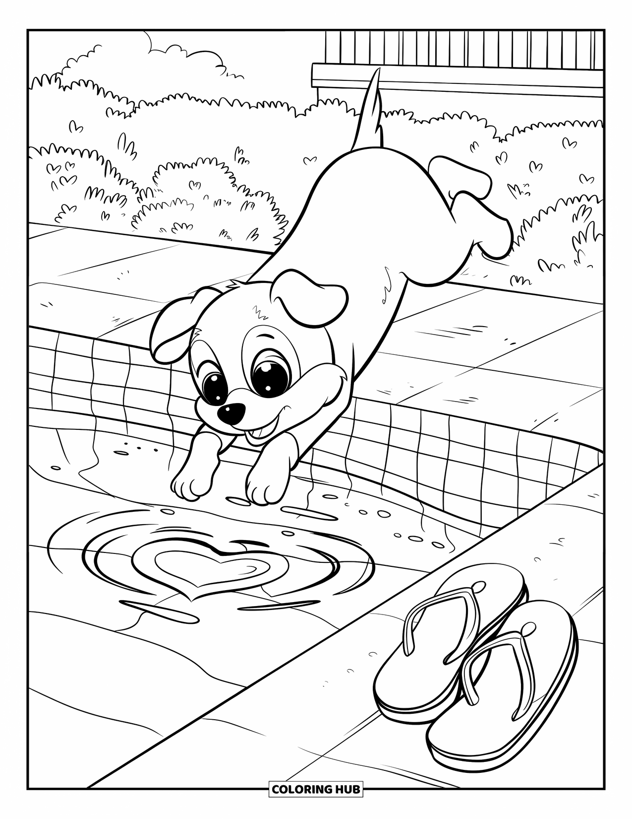 Swimming Pool Coloring Page for Adults: A happy puppy diving into water as heart ripples form