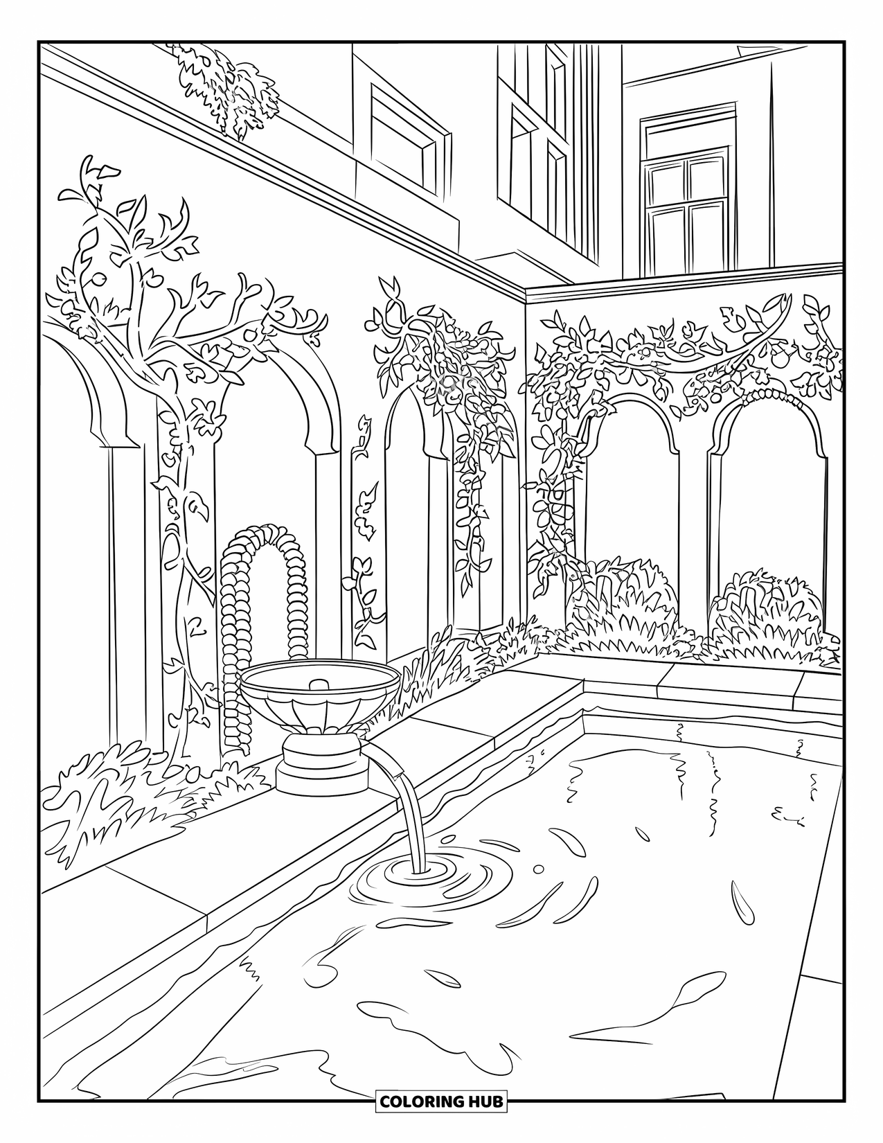 Swimming Pool Coloring Page for Adults: A hidden courtyard pool with vines, flowers, and flowing water