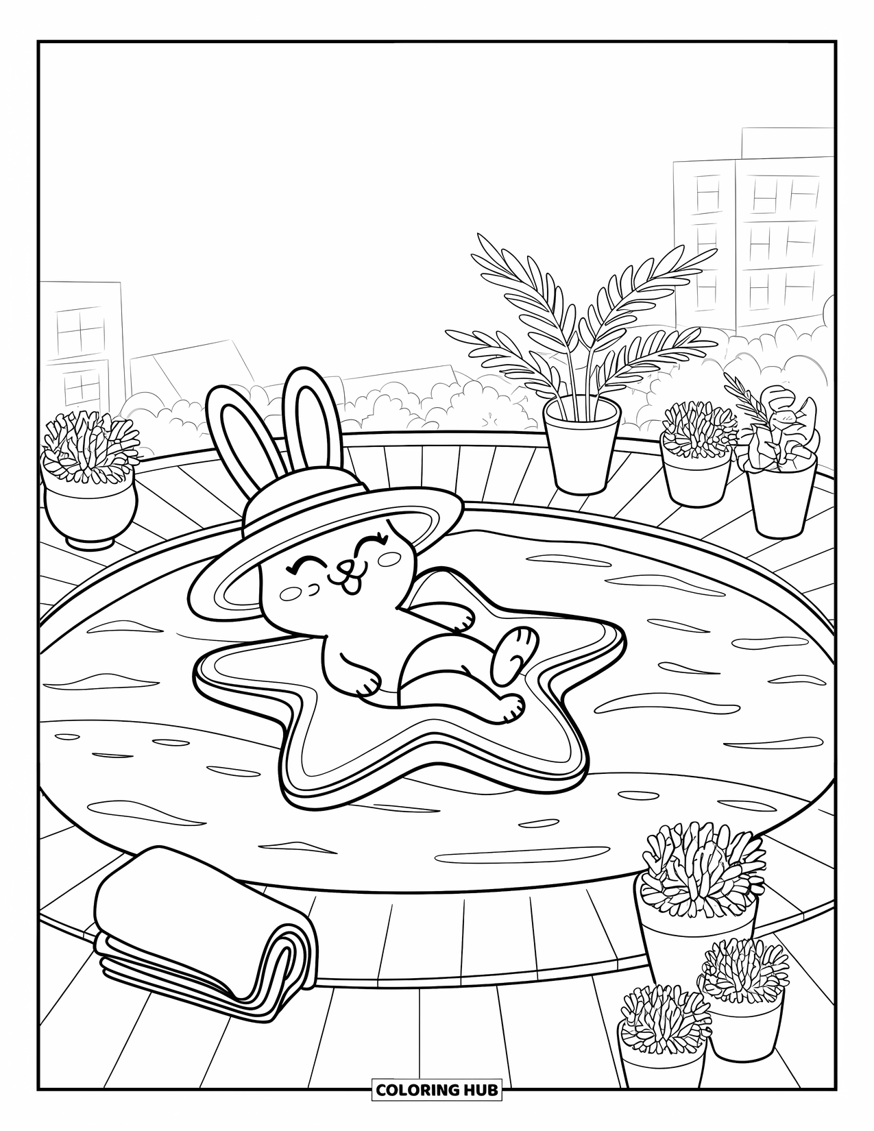 Swimming Pool Coloring Page for Adults: A peaceful bunny lounging on a star float near potted plants