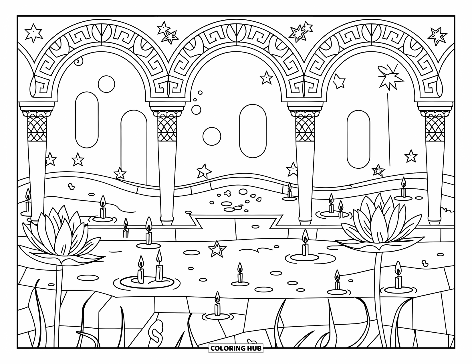 Swimming Pool Coloring Page for Adults: A peaceful spa pool with floating candles and lotus flowers