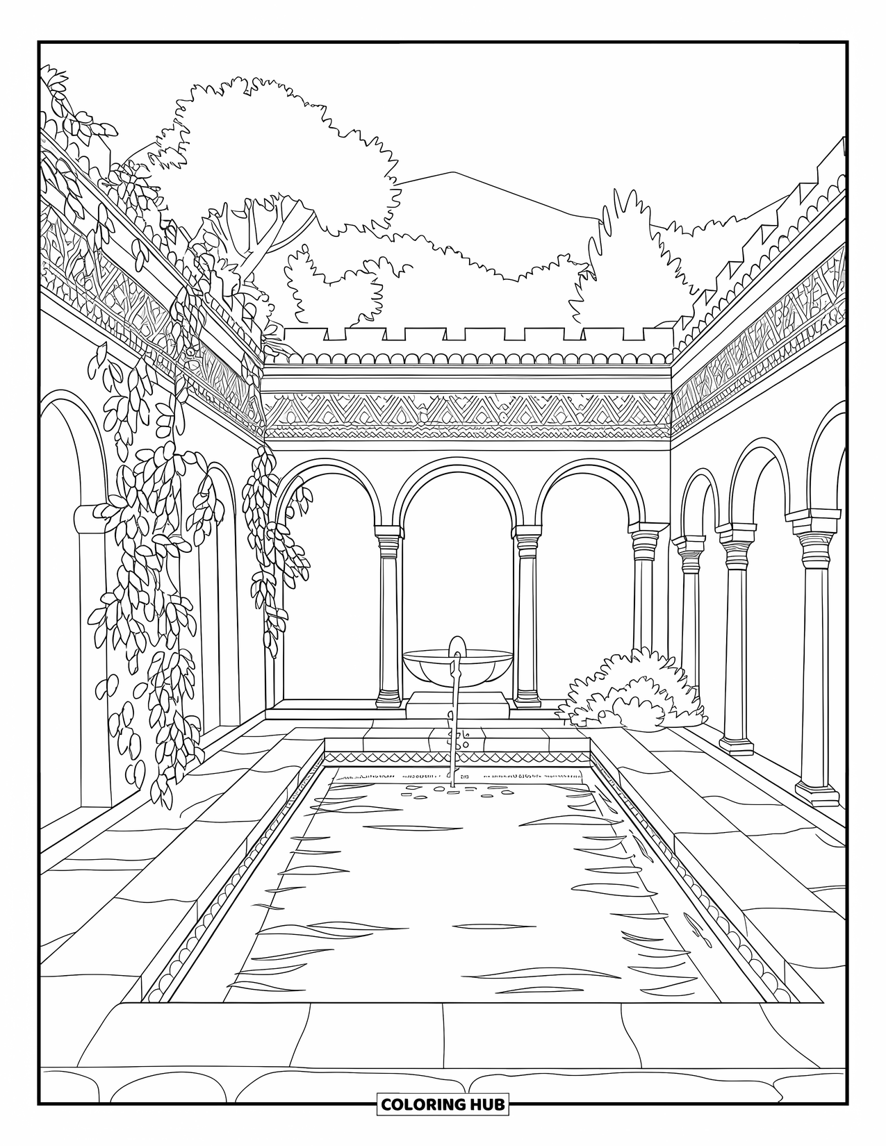 Swimming Pool Coloring Page for Adults: A quiet courtyard pool framed by vines and detailed arches