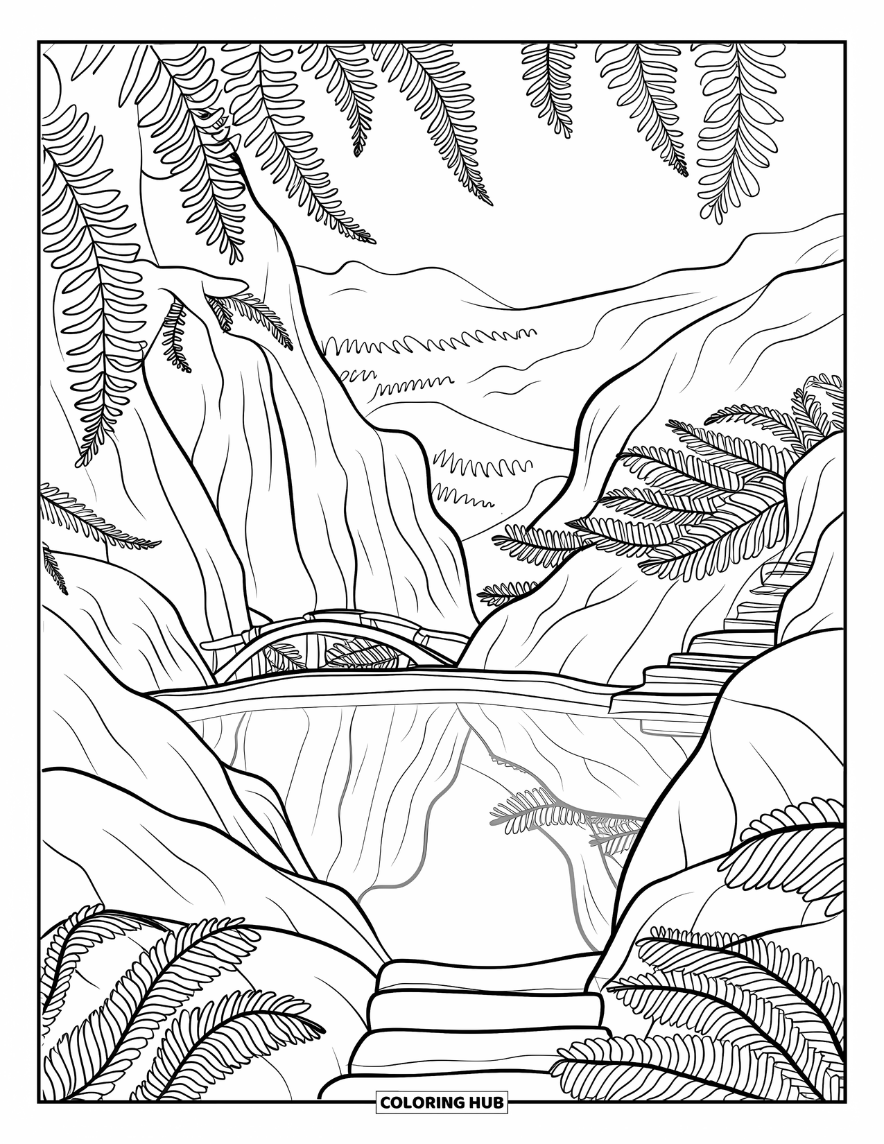 Swimming Pool Coloring Page for Adults: A quiet pool surrounded by rocks, ferns, and mountain scenery