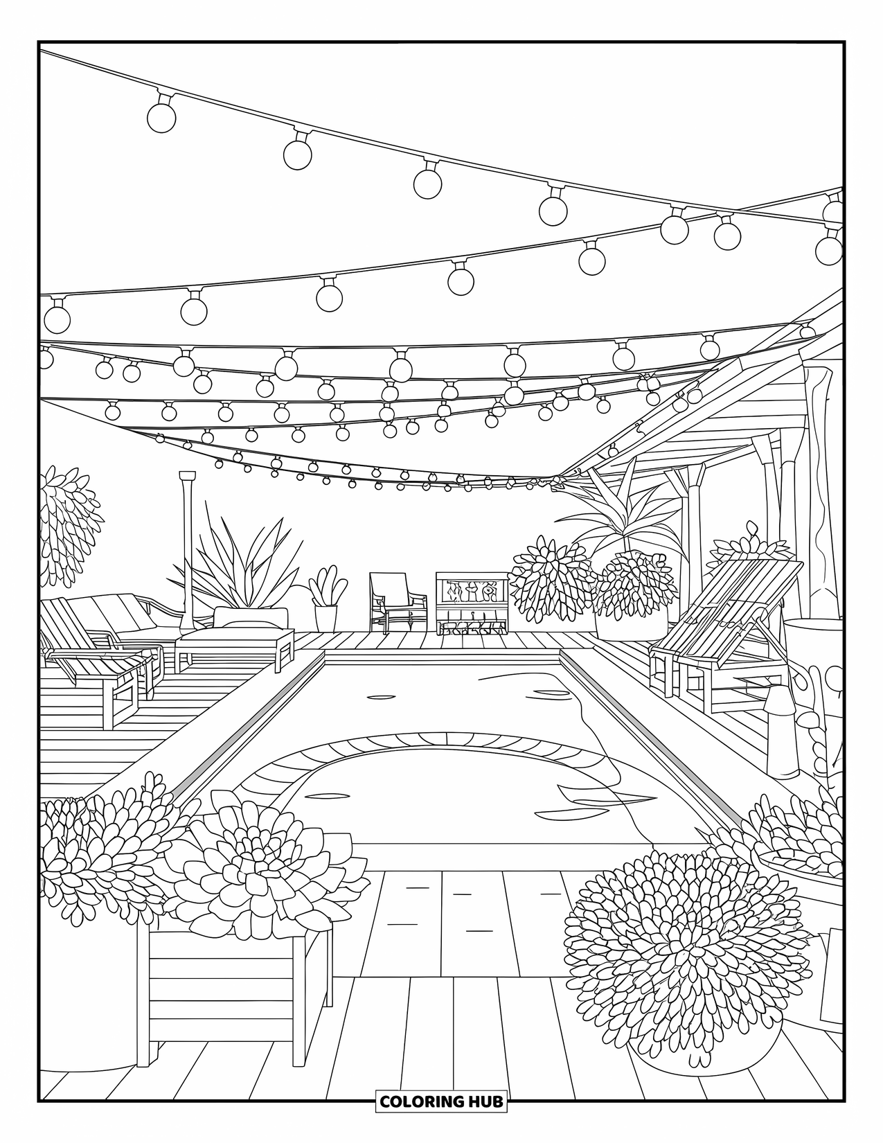 Swimming Pool Coloring Page for Adults: A relaxing backyard pool with succulents and wooden furniture