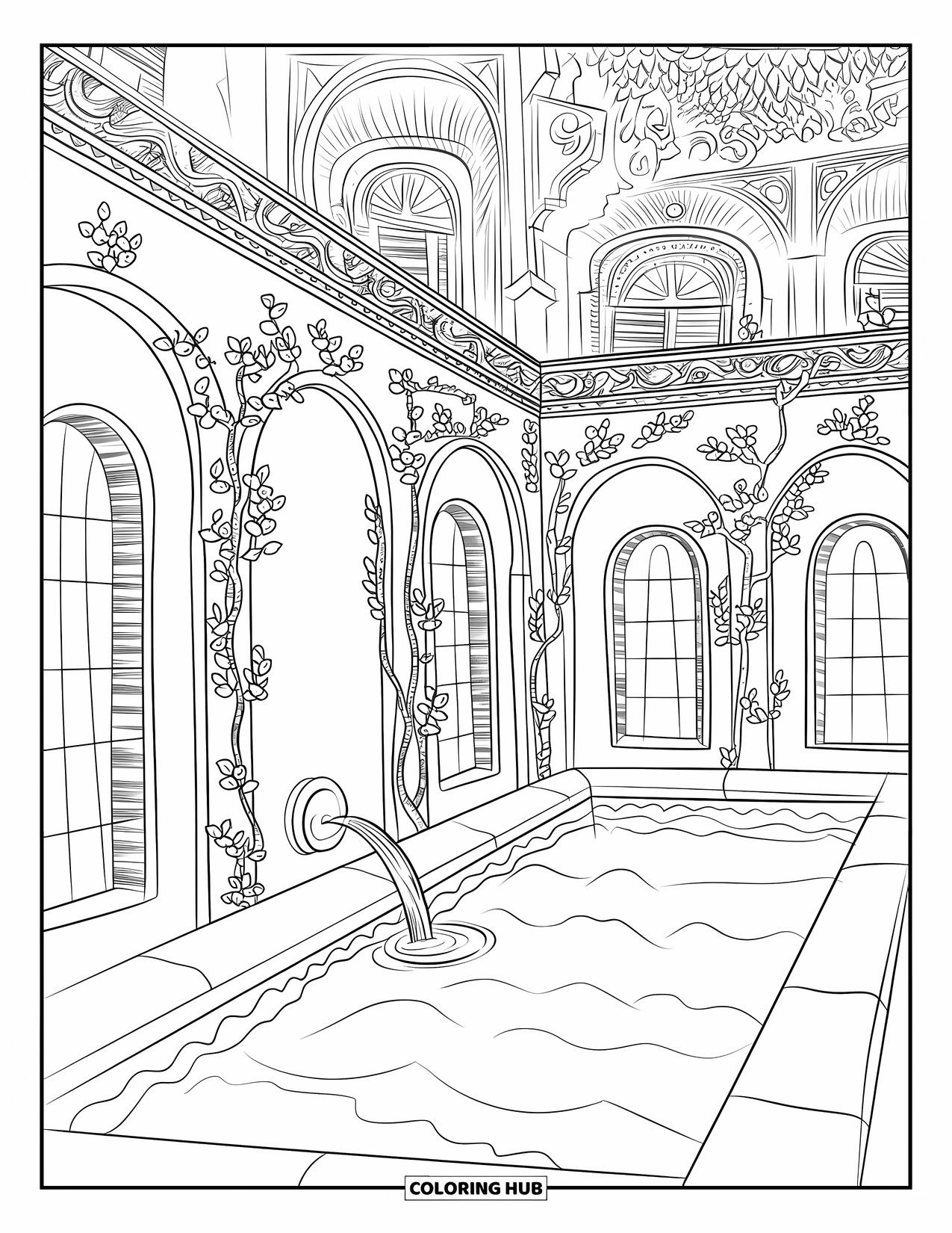 Swimming Pool Coloring Page for Adults: A secluded courtyard pool with ornate walls and gentle fountain