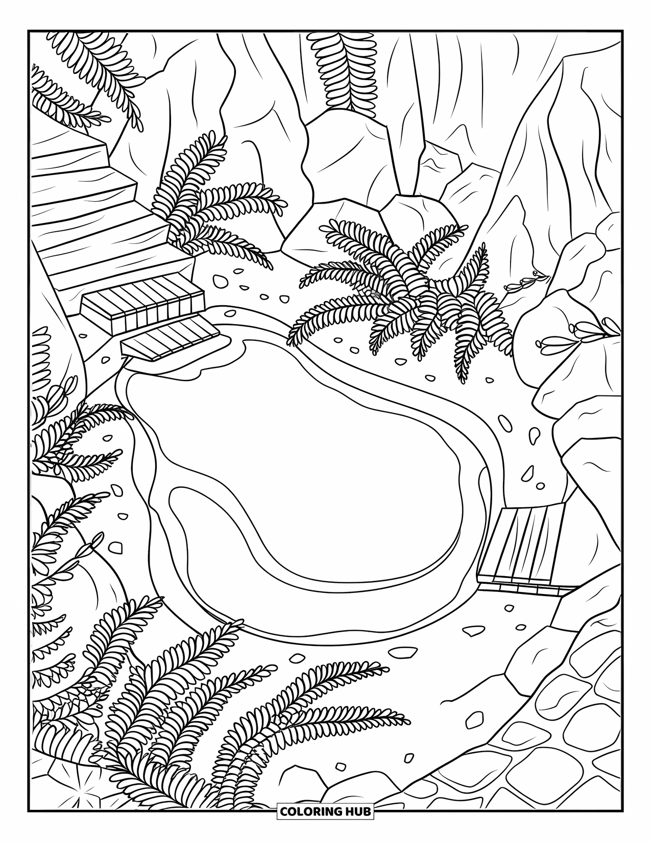 Swimming Pool Coloring Page for Adults: A still mountain pool with a wooden bridge and steps