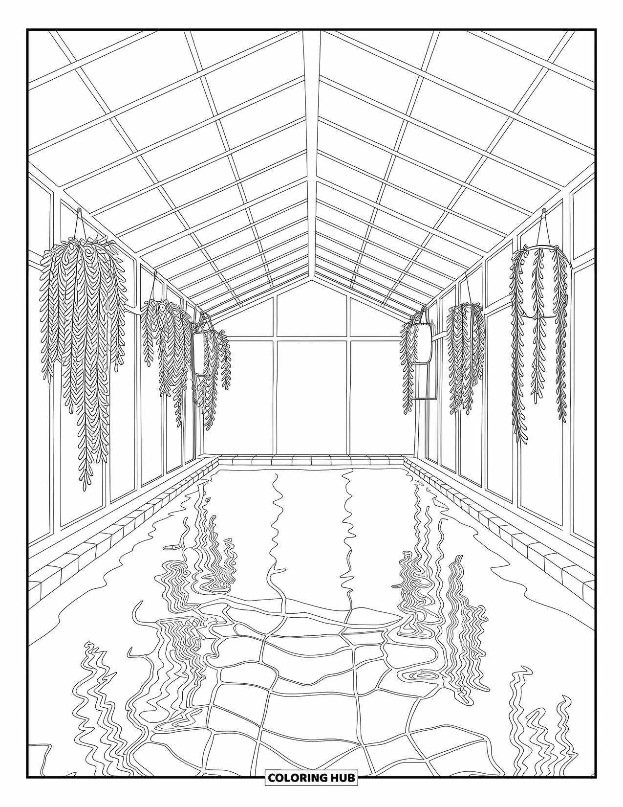 Swimming Pool Coloring Page for Adults: A tranquil pool indoors with hanging plants and soft reflections