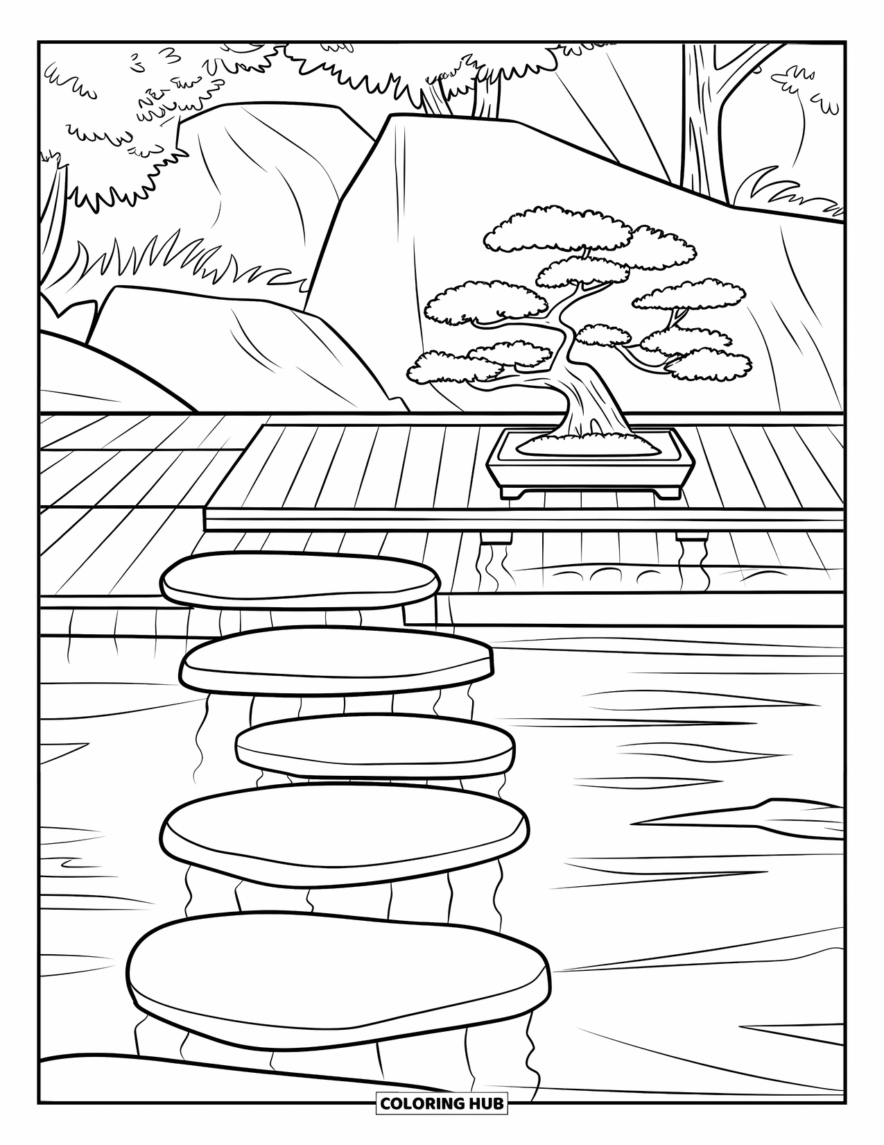 Swimming Pool Coloring Page for Adults: A tranquil zen-style pool with a wooden deck and serene water