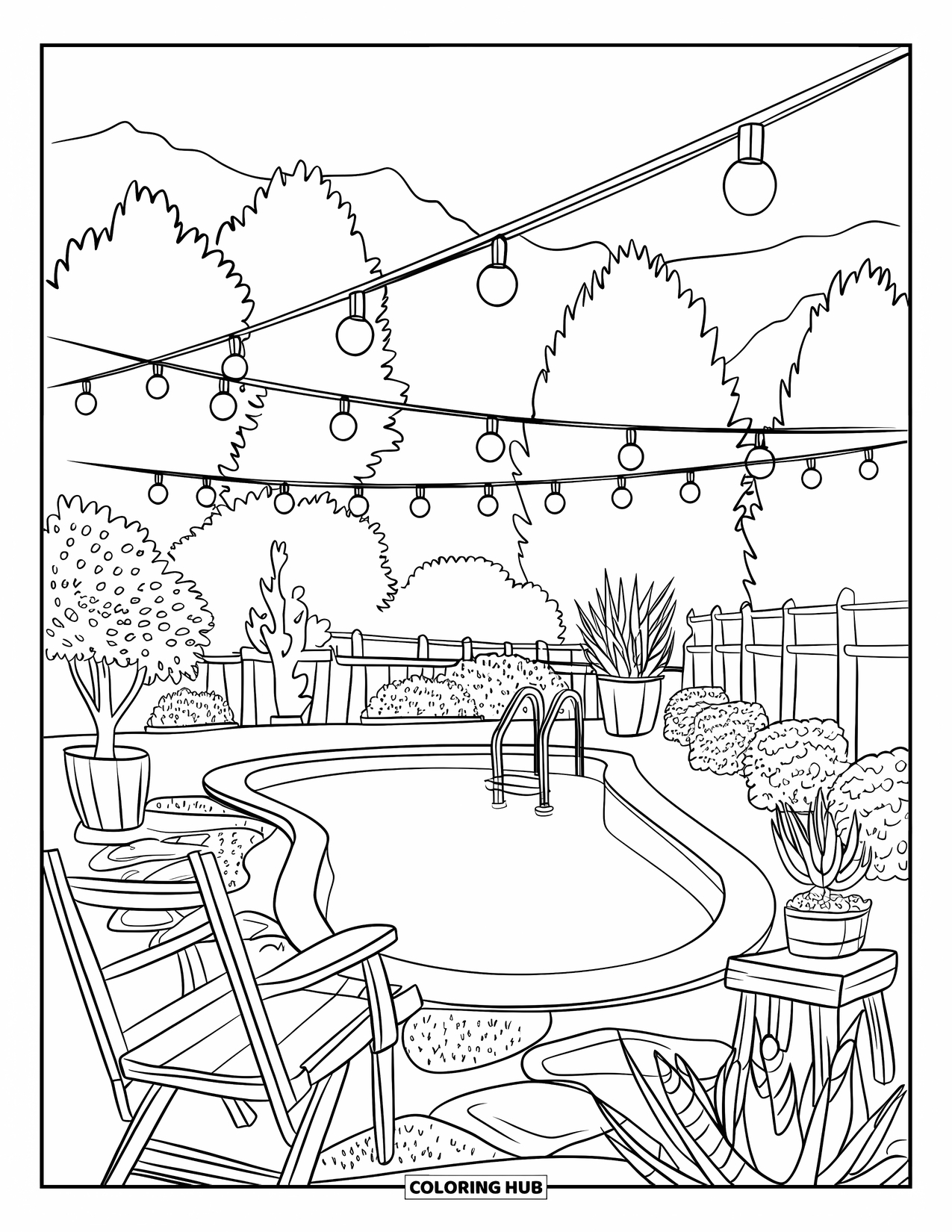 Swimming Pool Coloring Page for Adults: A warm backyard pool surrounded by wooden decor and string lights