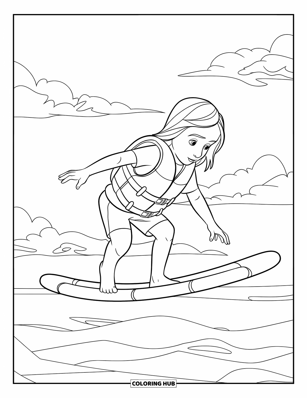 Swimming Pool Coloring Page for Kids: A child carefully balancing on a pool noodle in calm water
