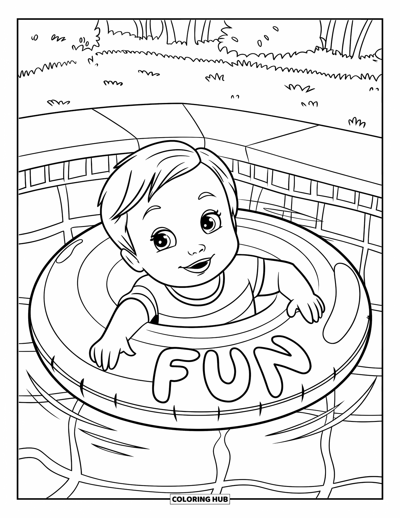Swimming Pool Coloring Page for Kids: A happy toddler floating on a pool float in the garden