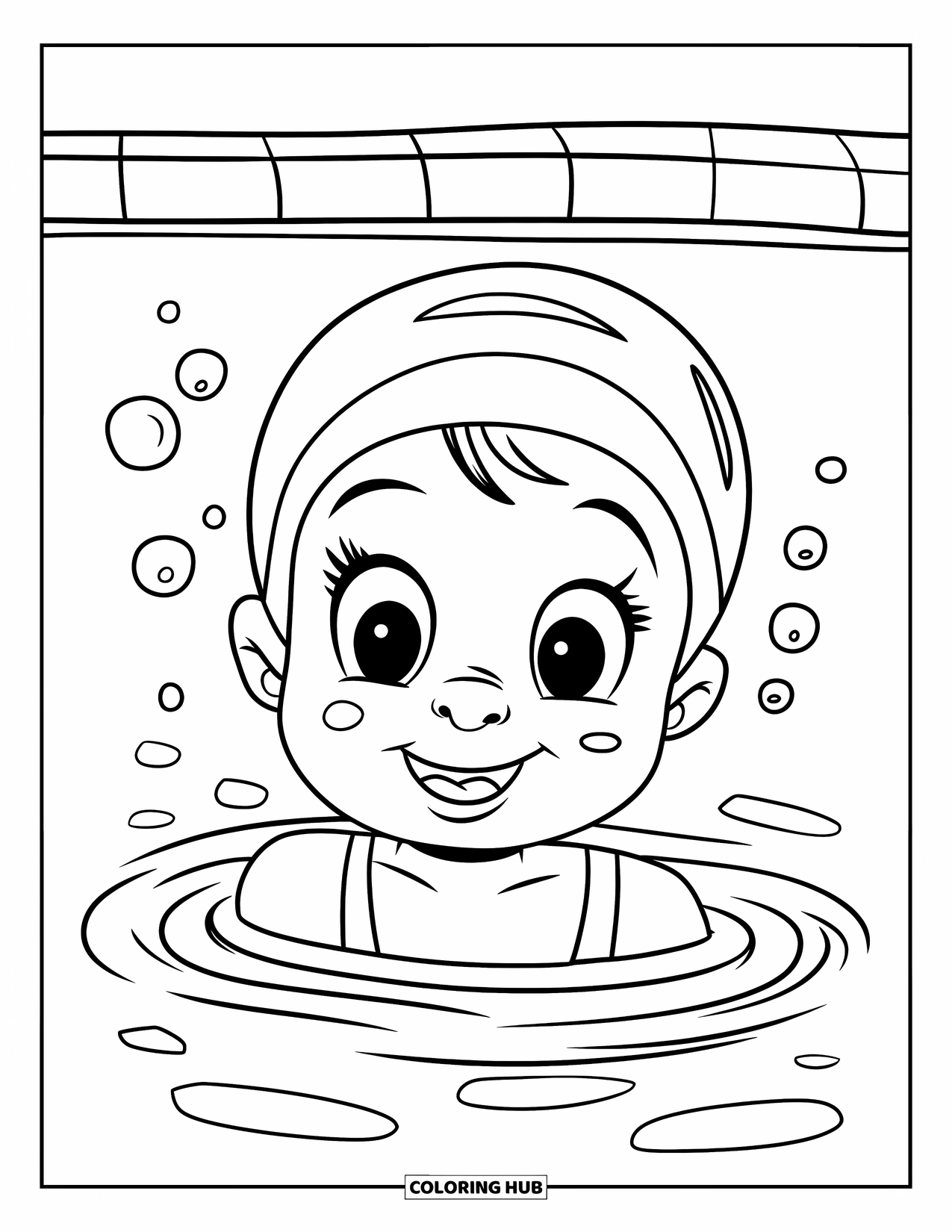 Swimming Pool Coloring Page for Kids: A joyful swimmer blowing bubbles in the pool water