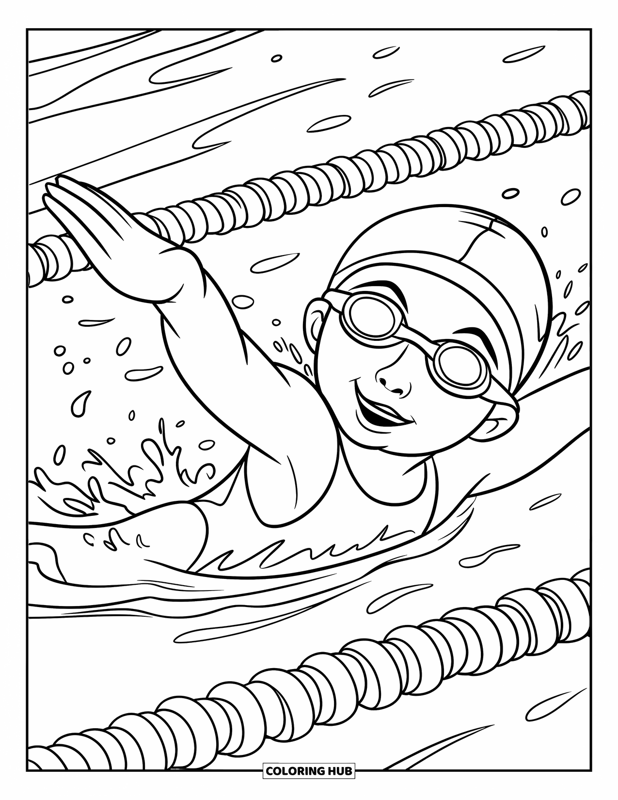 Swimming Pool Coloring Page for Kids: A kid swimming fast with goggles doing freestyle strokes