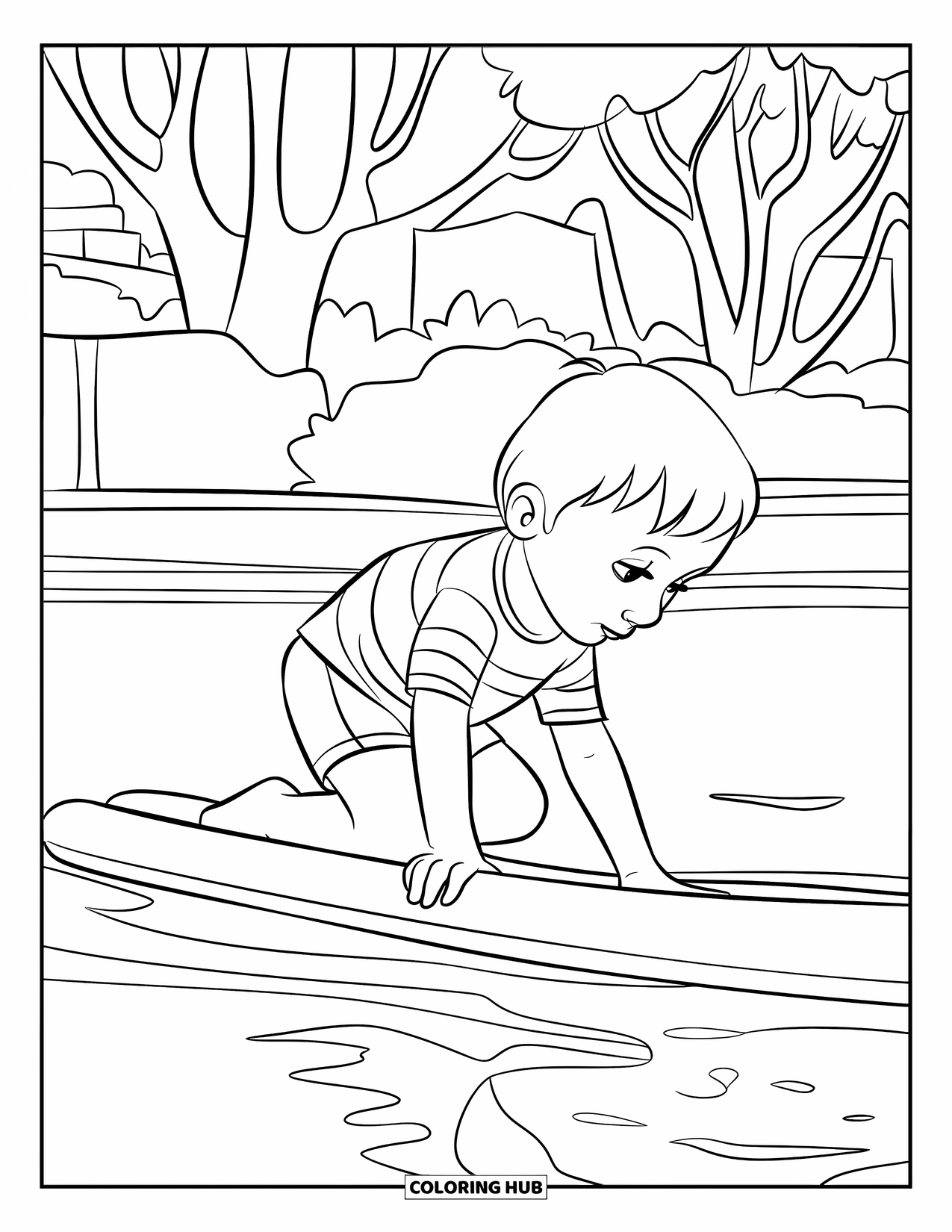 Swimming Pool Coloring Page for Kids: A playful child balancing on a floating pool noodle